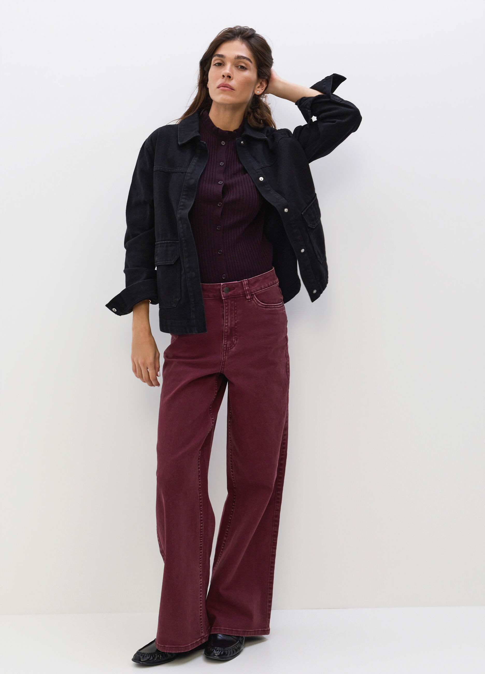 Pantaloni Wide Leg in denim di cotone stretch donna_0