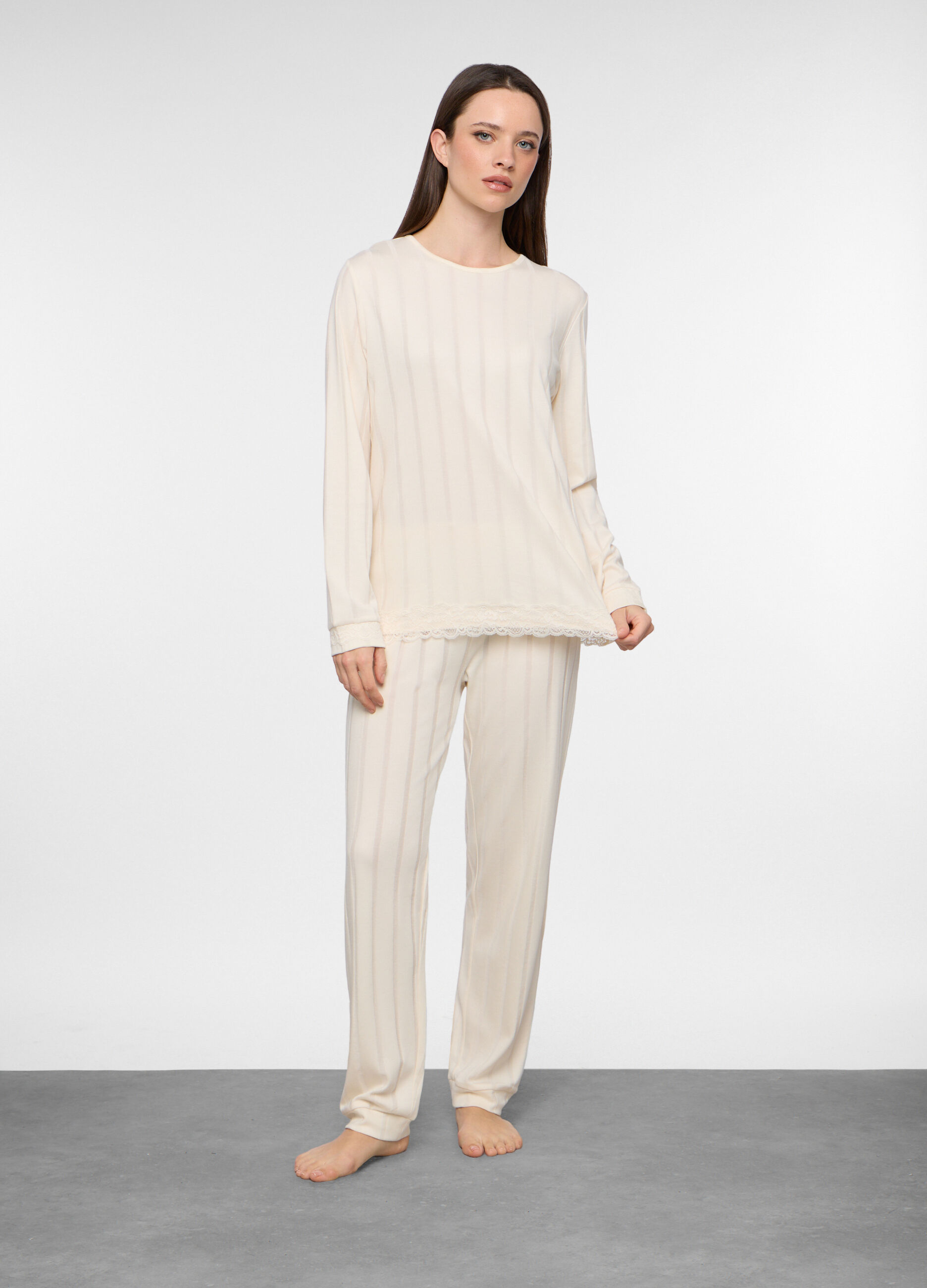 Pigiama lungo a coste misto cotone donna_0