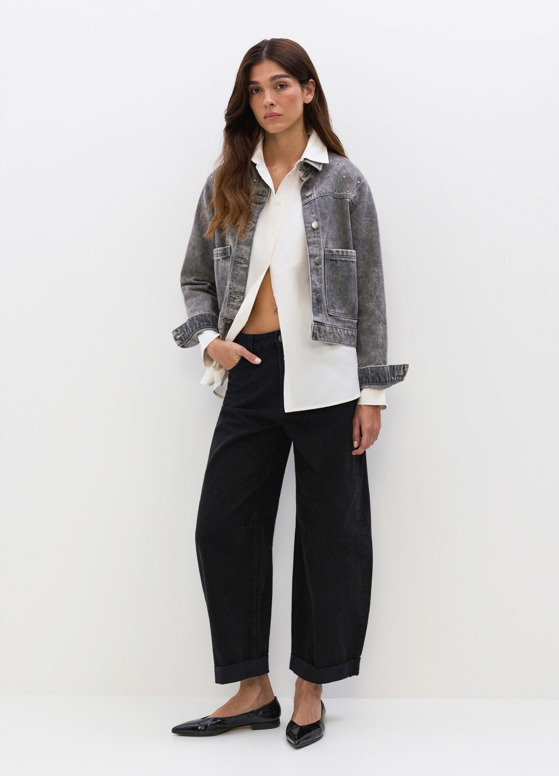 Pantaloni Barrel Fit in denim di puro cotone donna_0