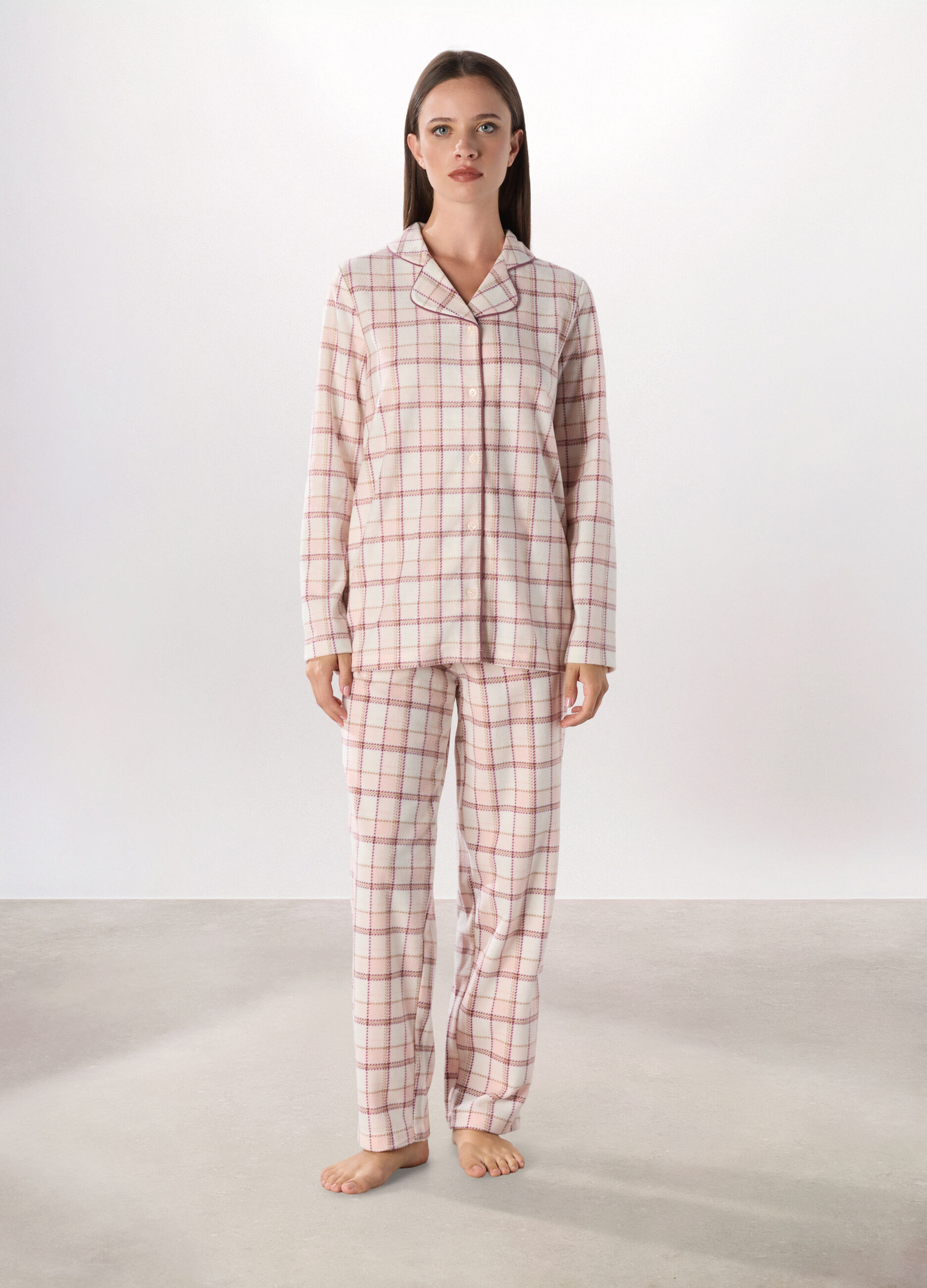 Set pigiama lungo in pile a quadri donna_0