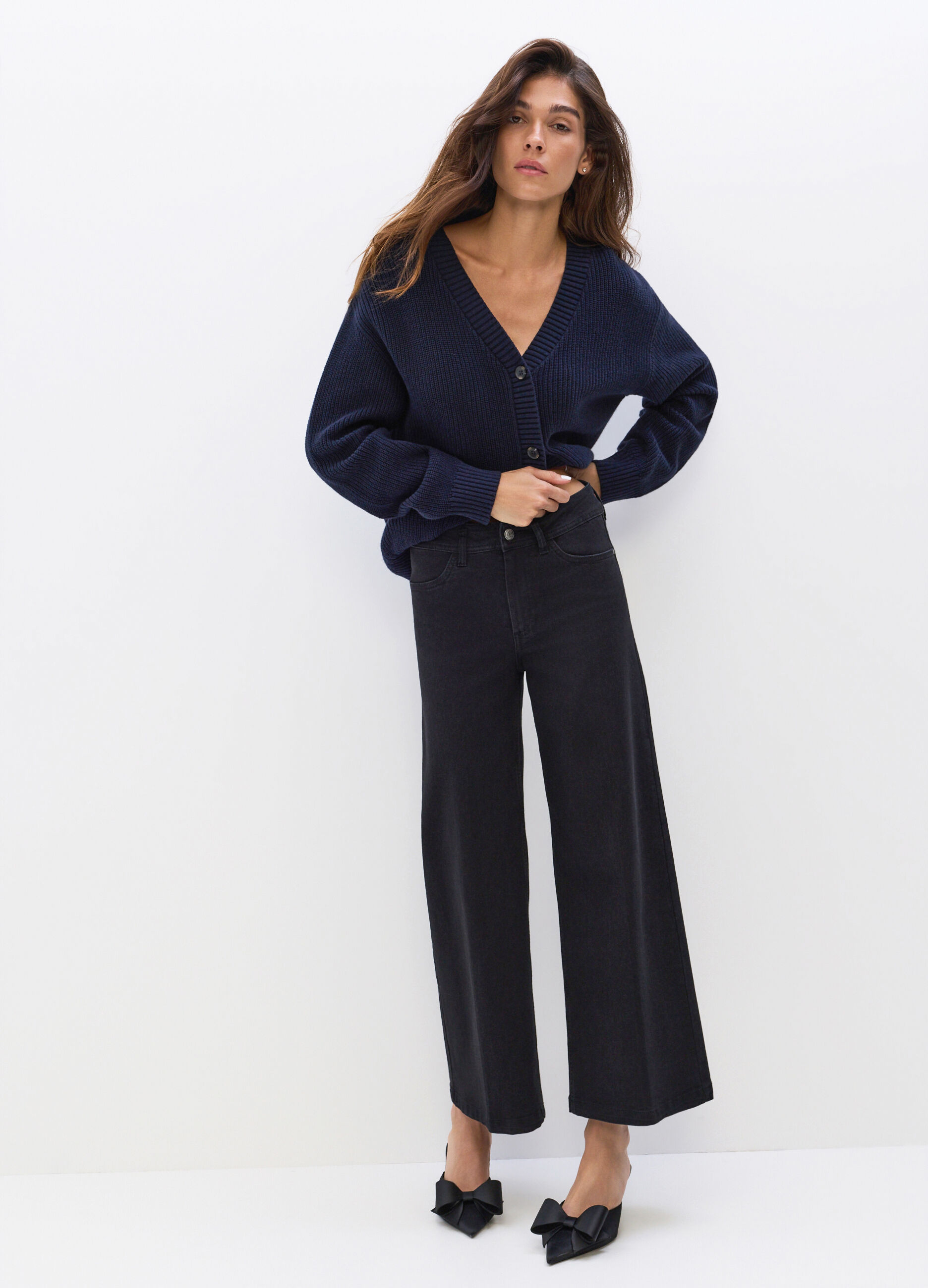 Pantaloni Culotte Fit in denim stretch misto cotone donna_0