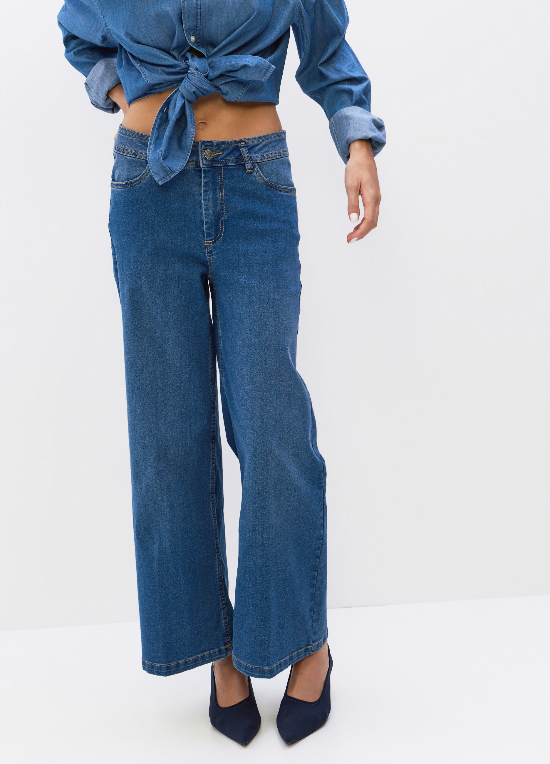 Pantaloni Wide Leg in denim di misto cotone stretch donna_3