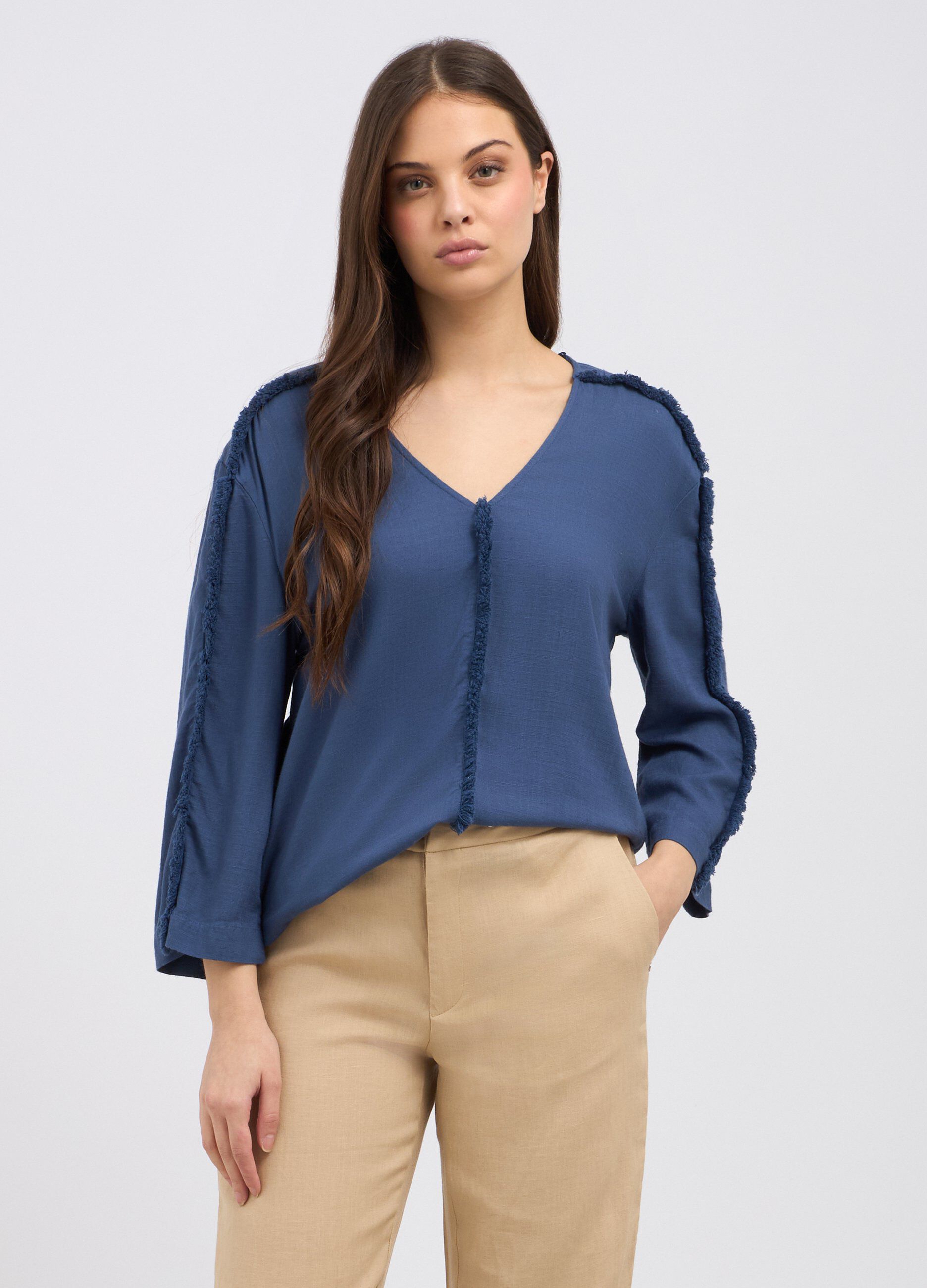 Blusa in misto lino sfrangiata donna_0