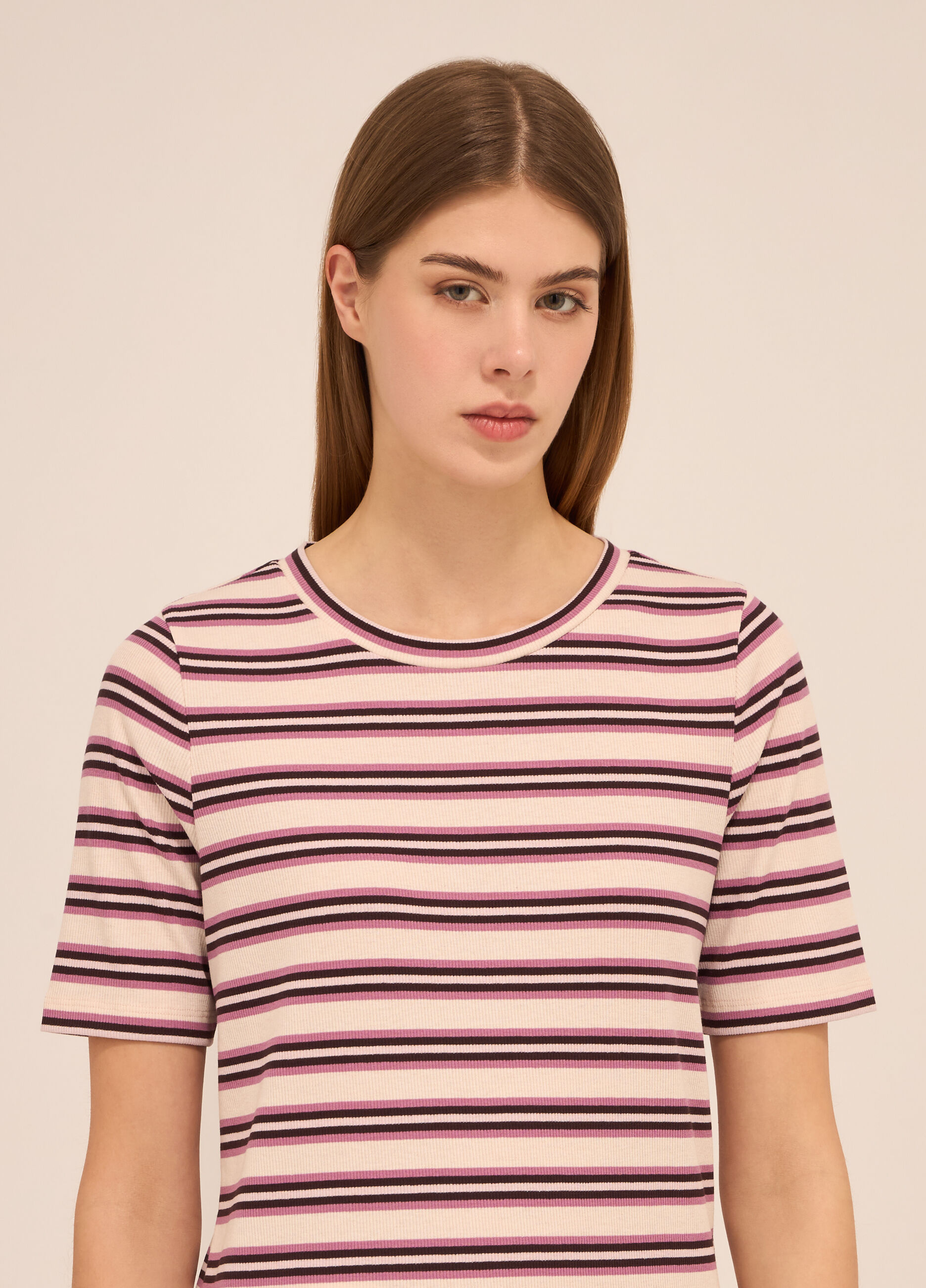 T-shirt a righe in costina di misto cotone donna_2