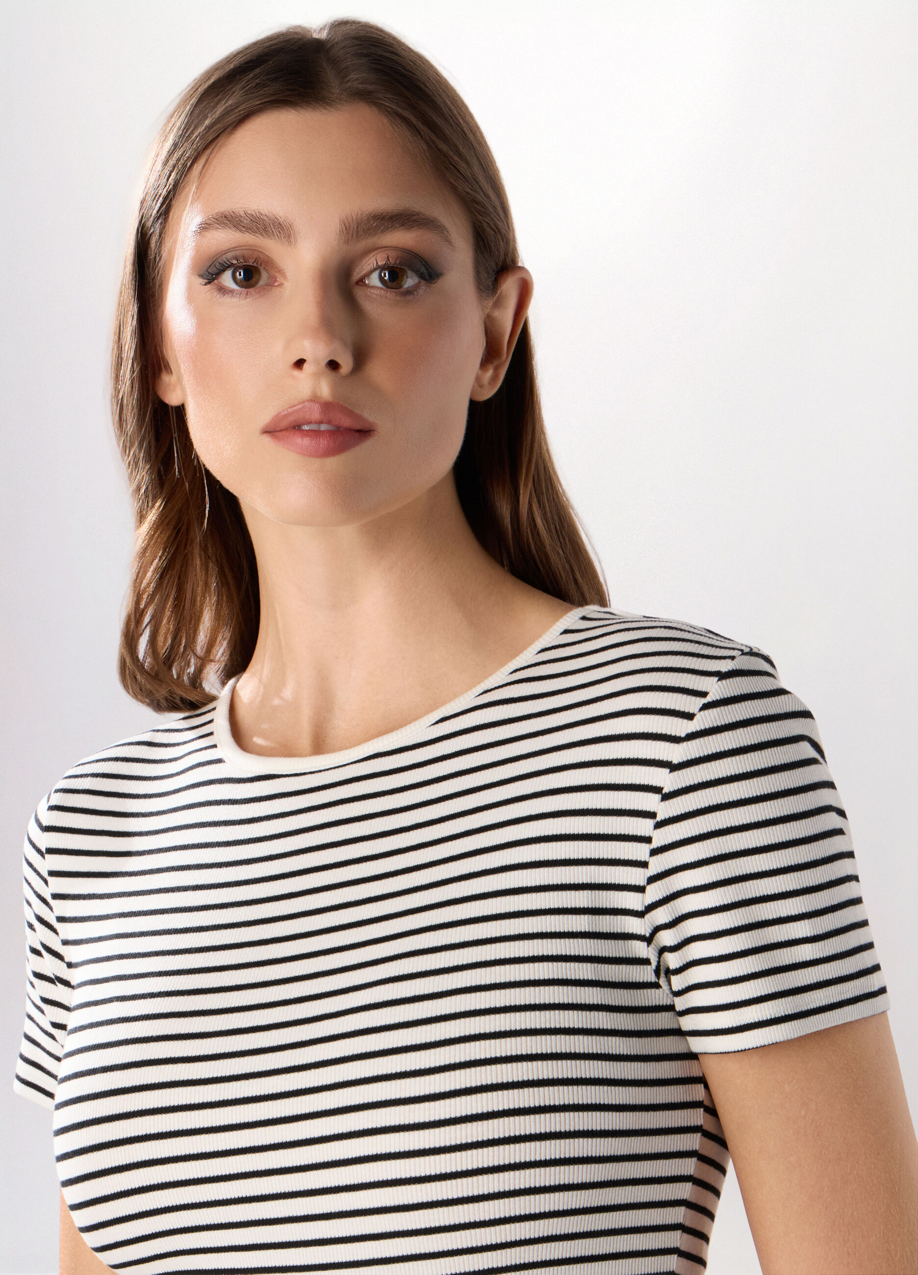 T-shirt a righe in costina di cotone stretch donna_2