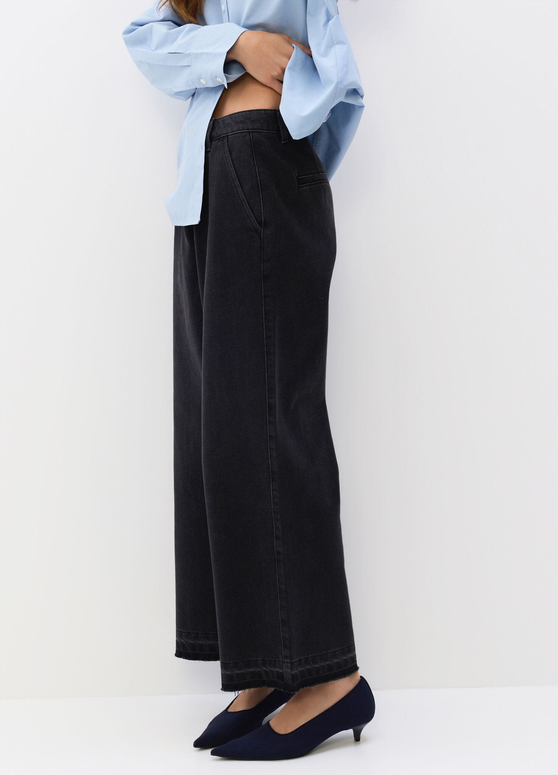 Pantaloni Culotte Fit in denim stretch misto cotone donna_4