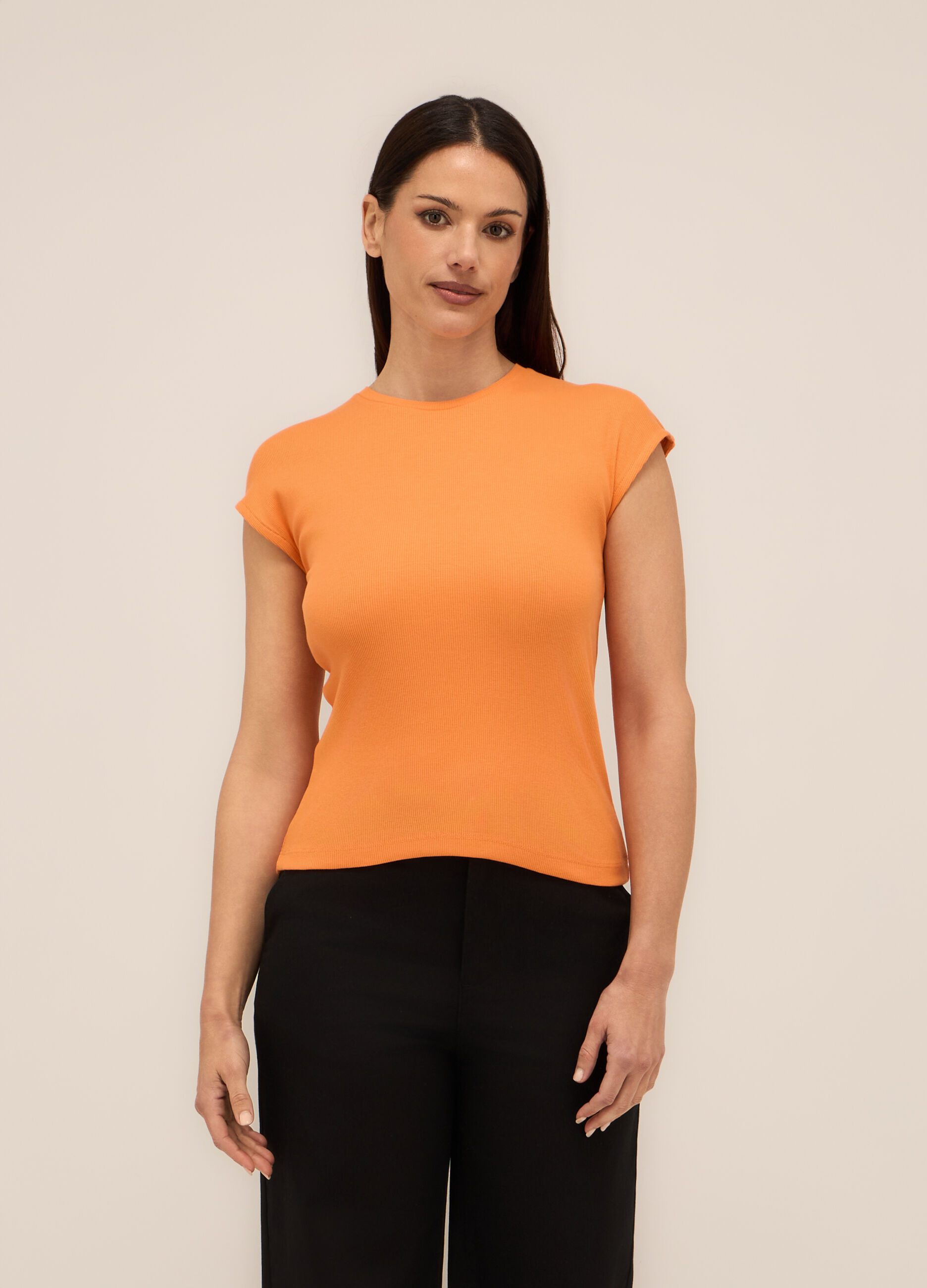 T-shirt in costina di puro cotone donna_0