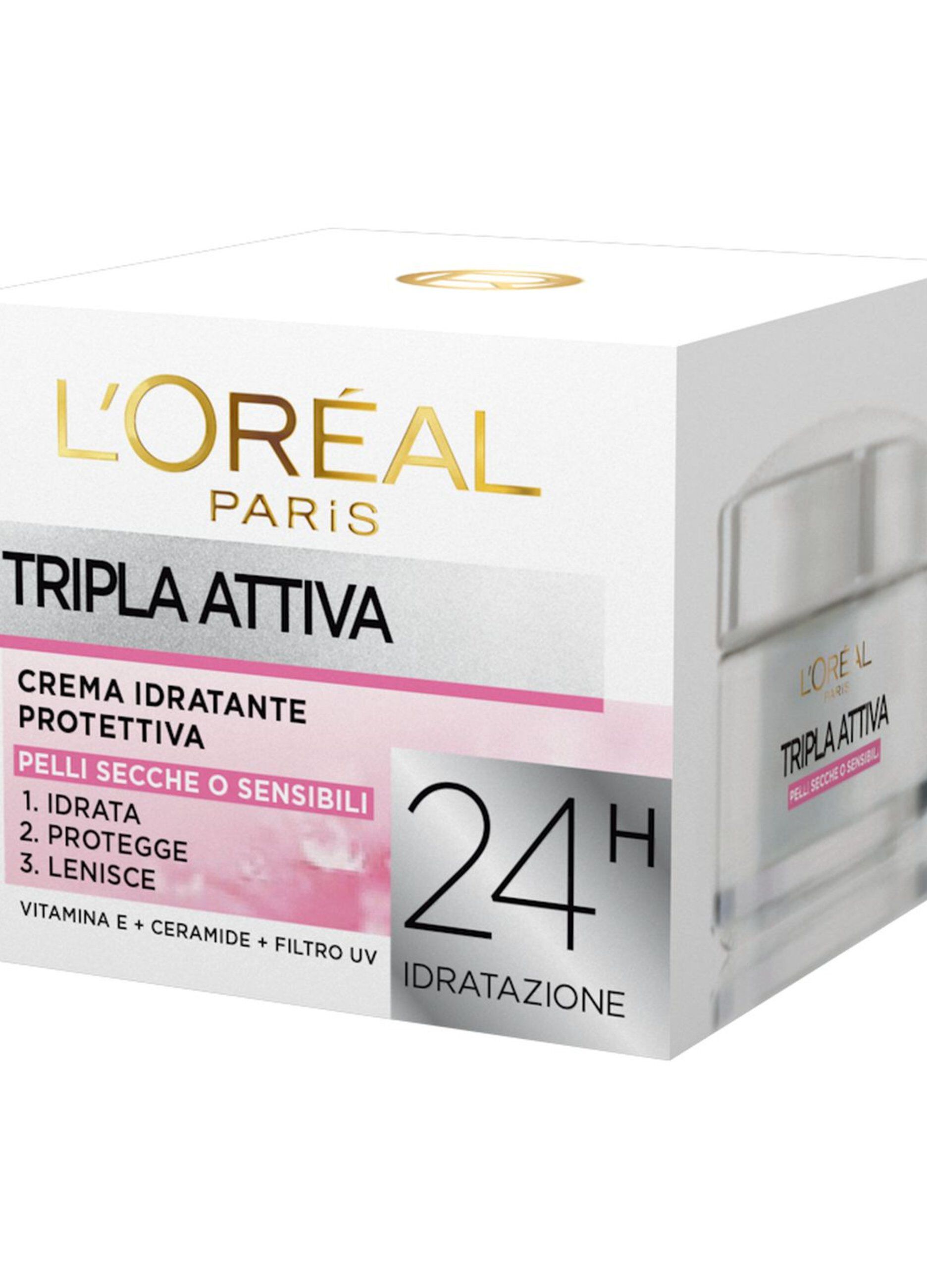 L'Oréal Paris Crema Idratante Viso Tripla Attiva, Idrata, Protegge e Lenisce la Pelle, per Pelli Secche e Sensibili, 50 ml.