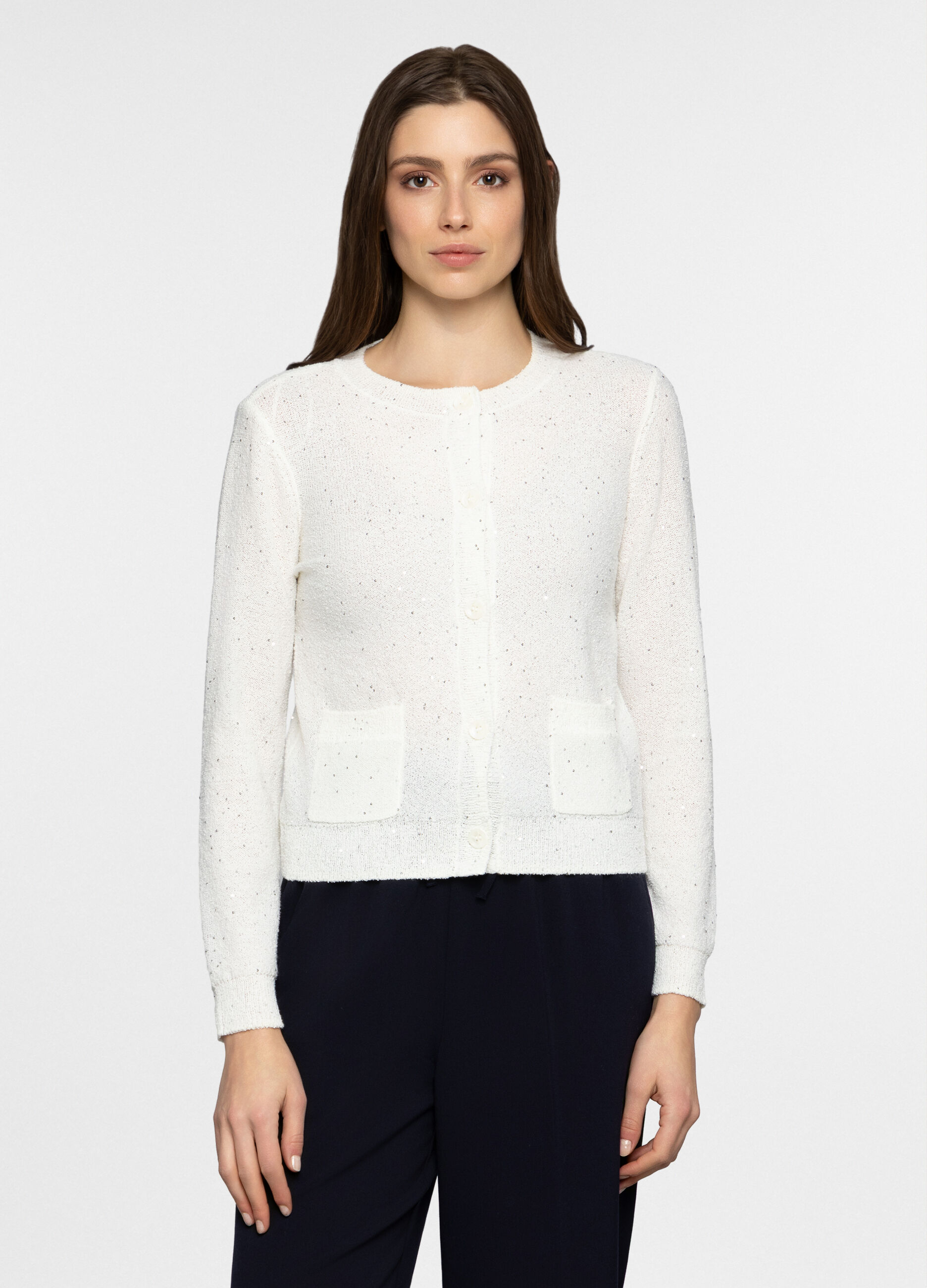 Cardigan girocollo in maglia rasata donna_0