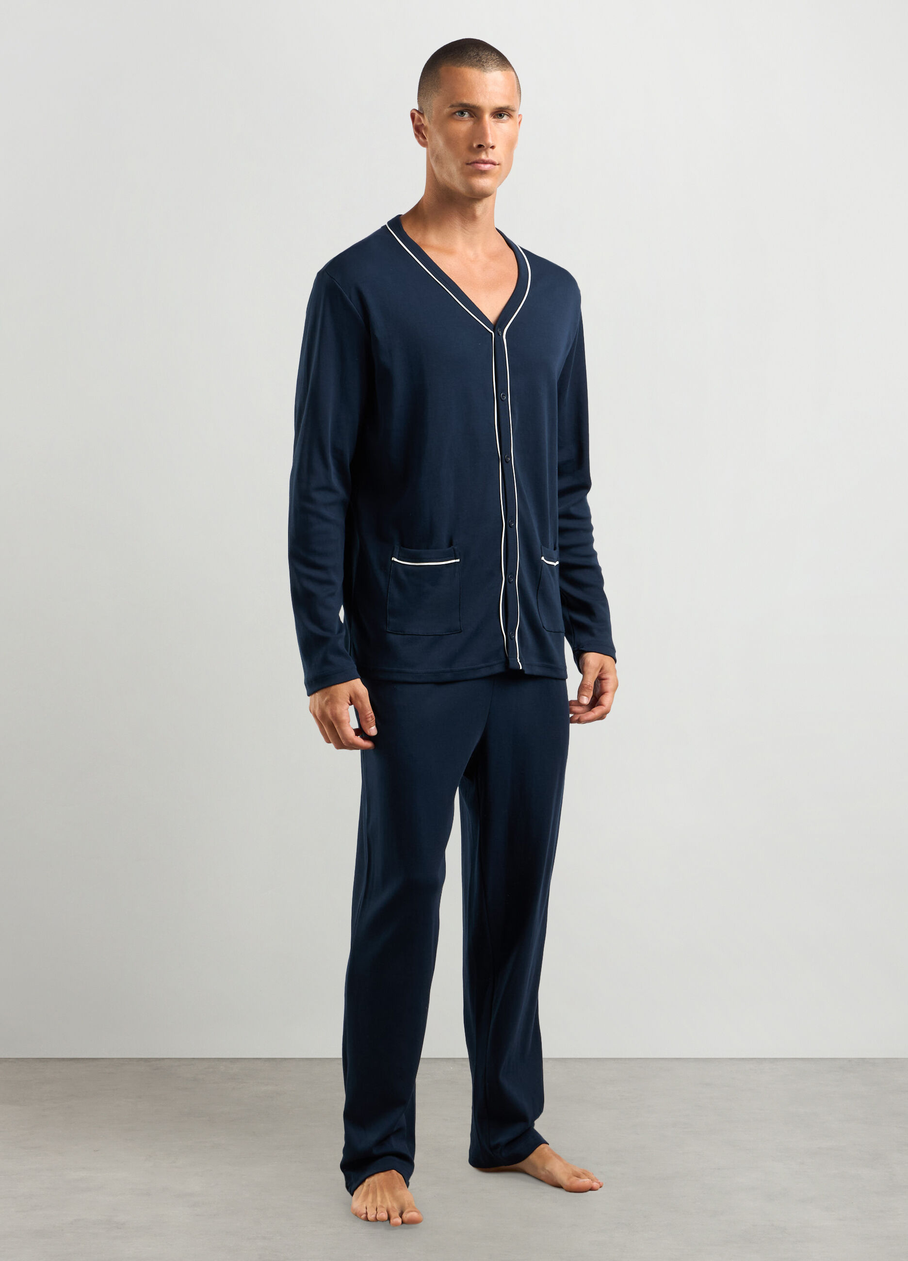 Set pigiama lungo scollo a V in interlock di puro cotone uomo_0