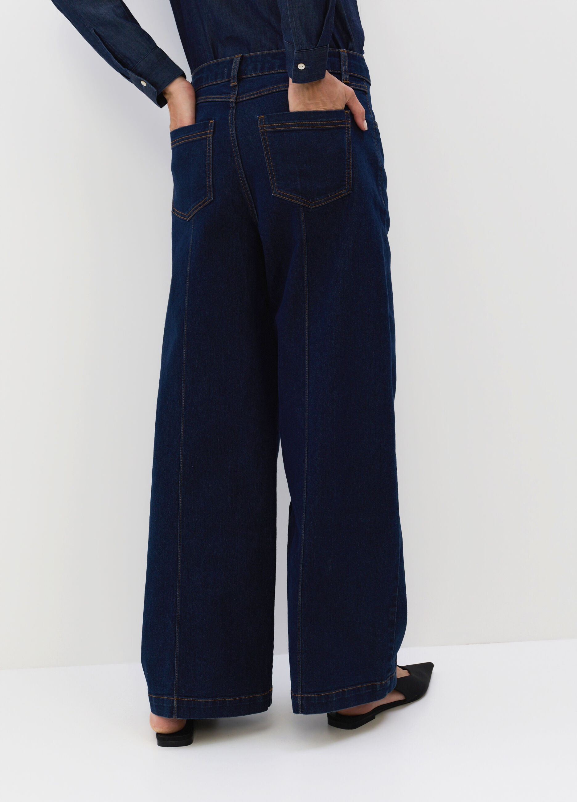 Pantaloni Wide Leg in denim di misto cotone stretch donna_1