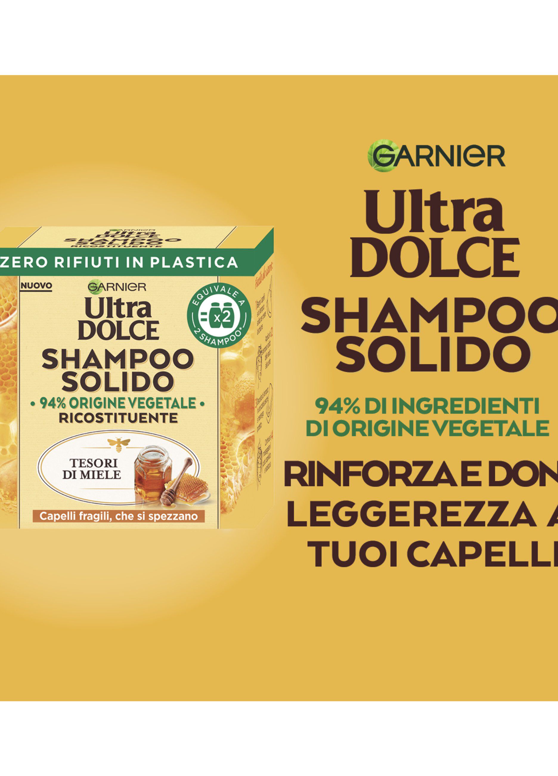 Garnier Ultra Dolce Shampoo Solido Tesori di Miele, Per Capelli Fragili che si Spezzano, Con packaging 100% ecologico plastic-free, 60 gr.