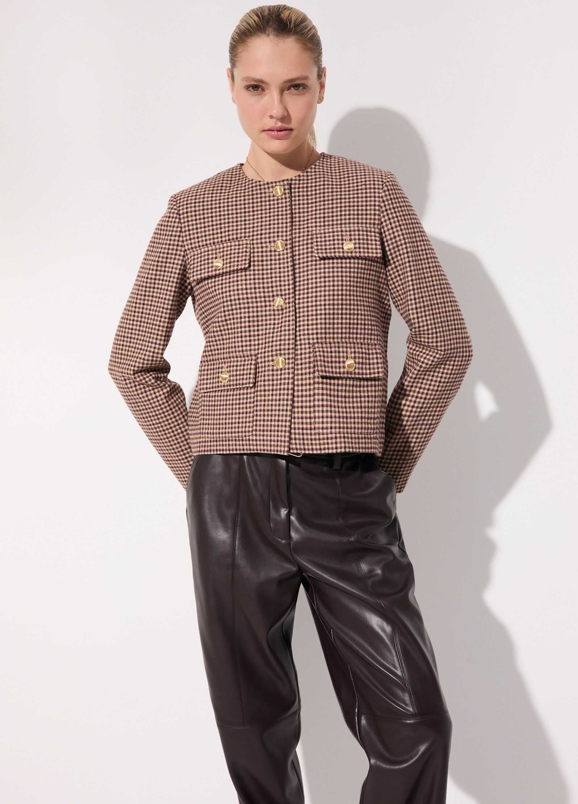 Cappotto corto in misto lana a quadri donna_1