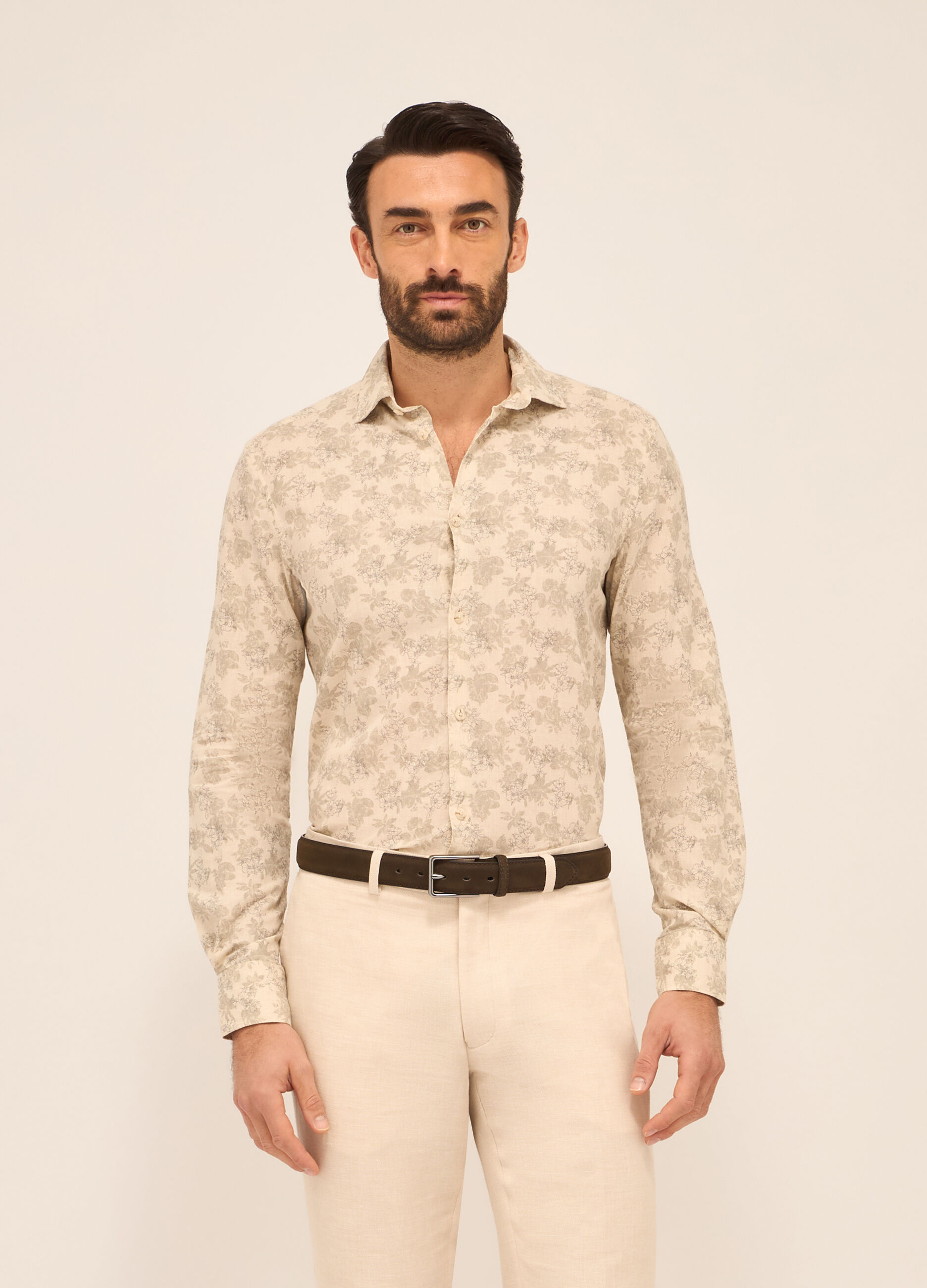 Camicia regular fit in cotone e lino a fiori_0