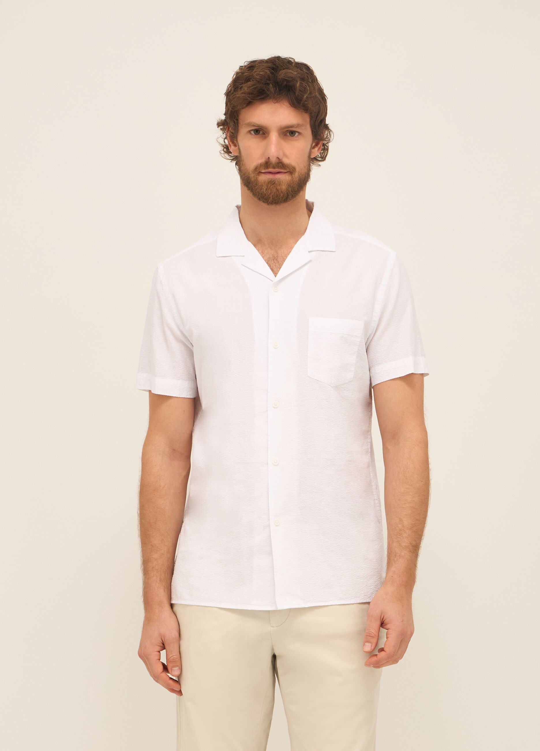 Camicia a maniche corte in cotone seersucker uomo_0