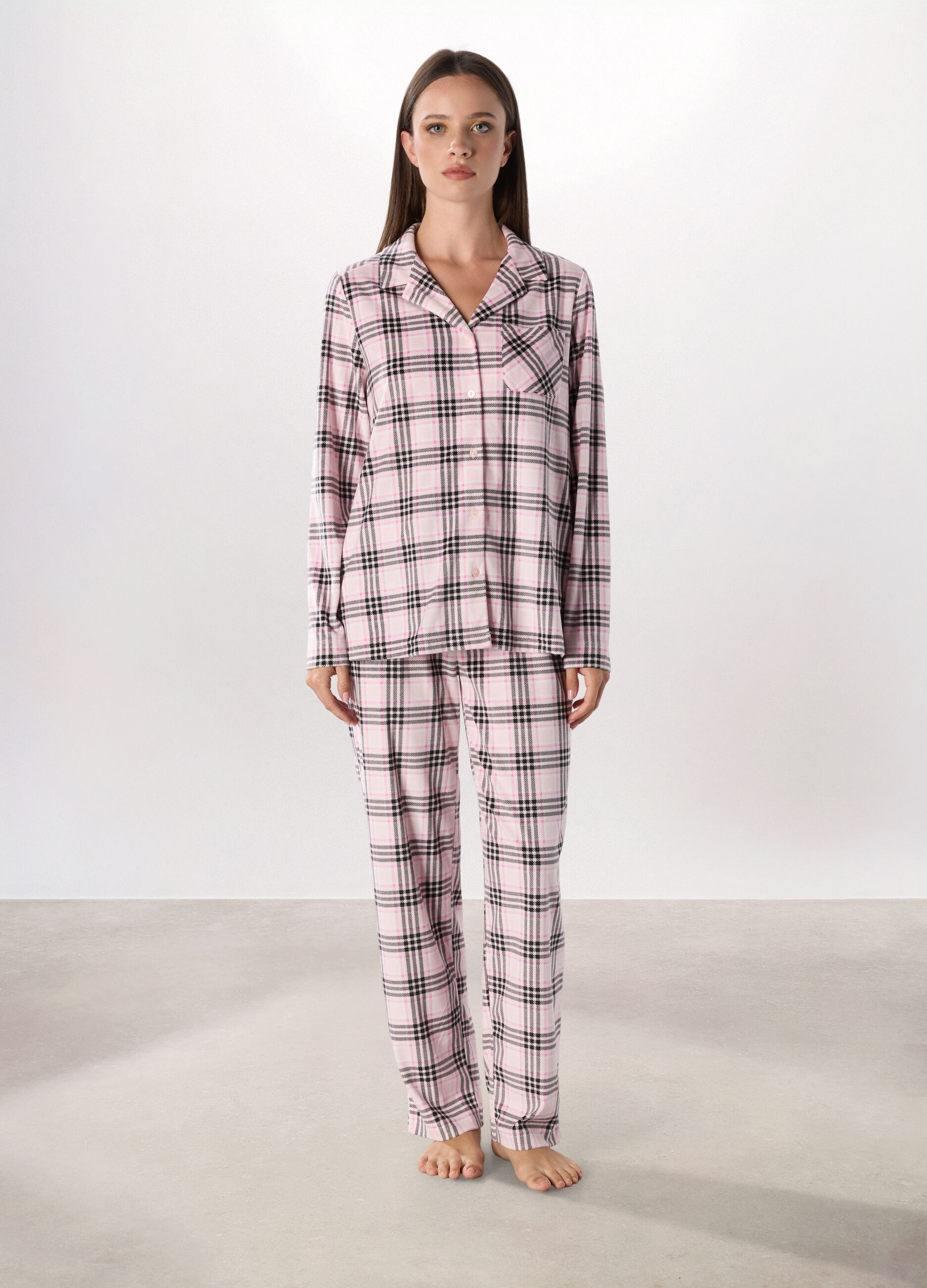 Pantalone pigiama lungo in velours a quadri donna_0