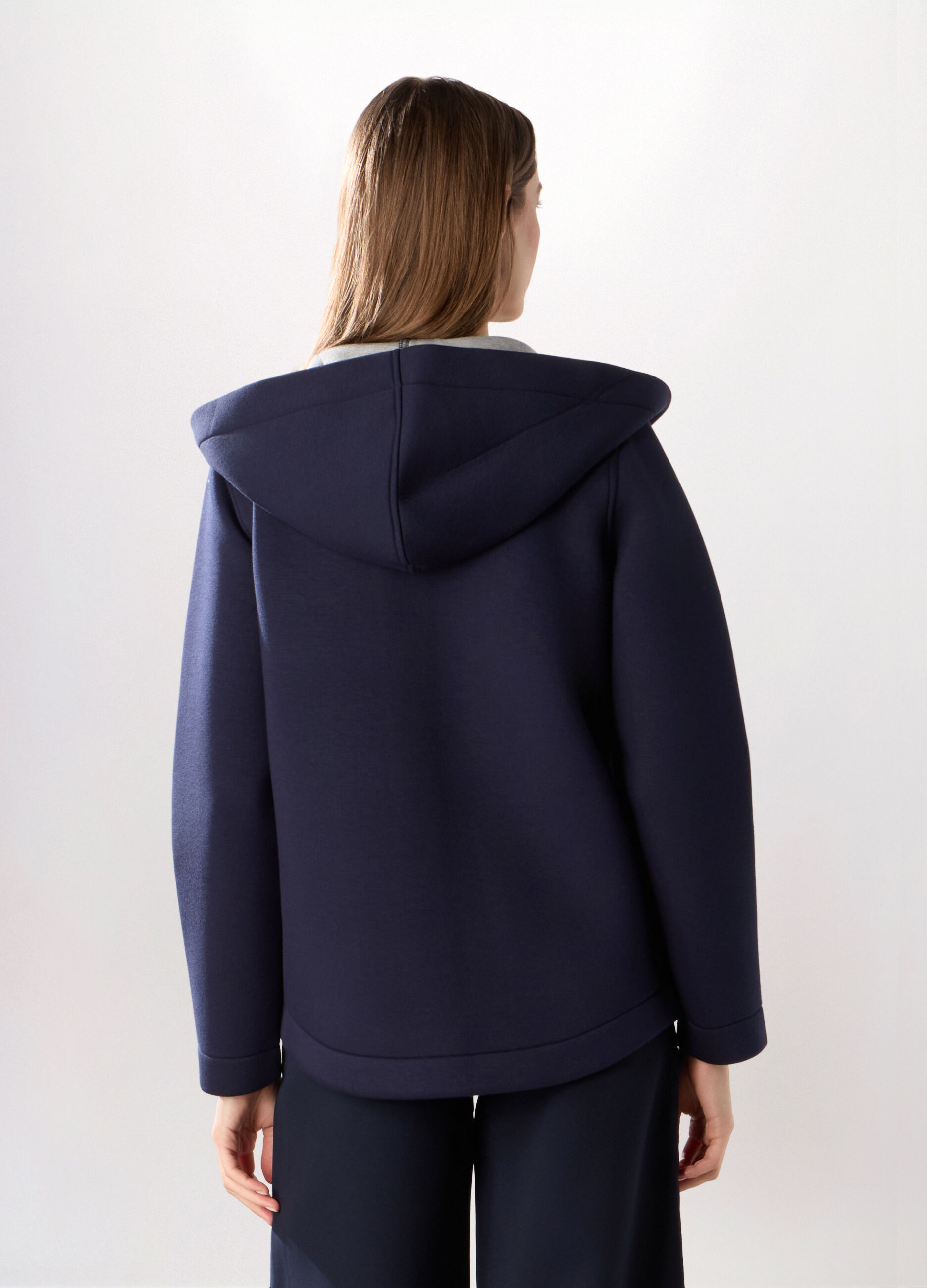 Cappotto corto in scuba con cappuccio donna_1