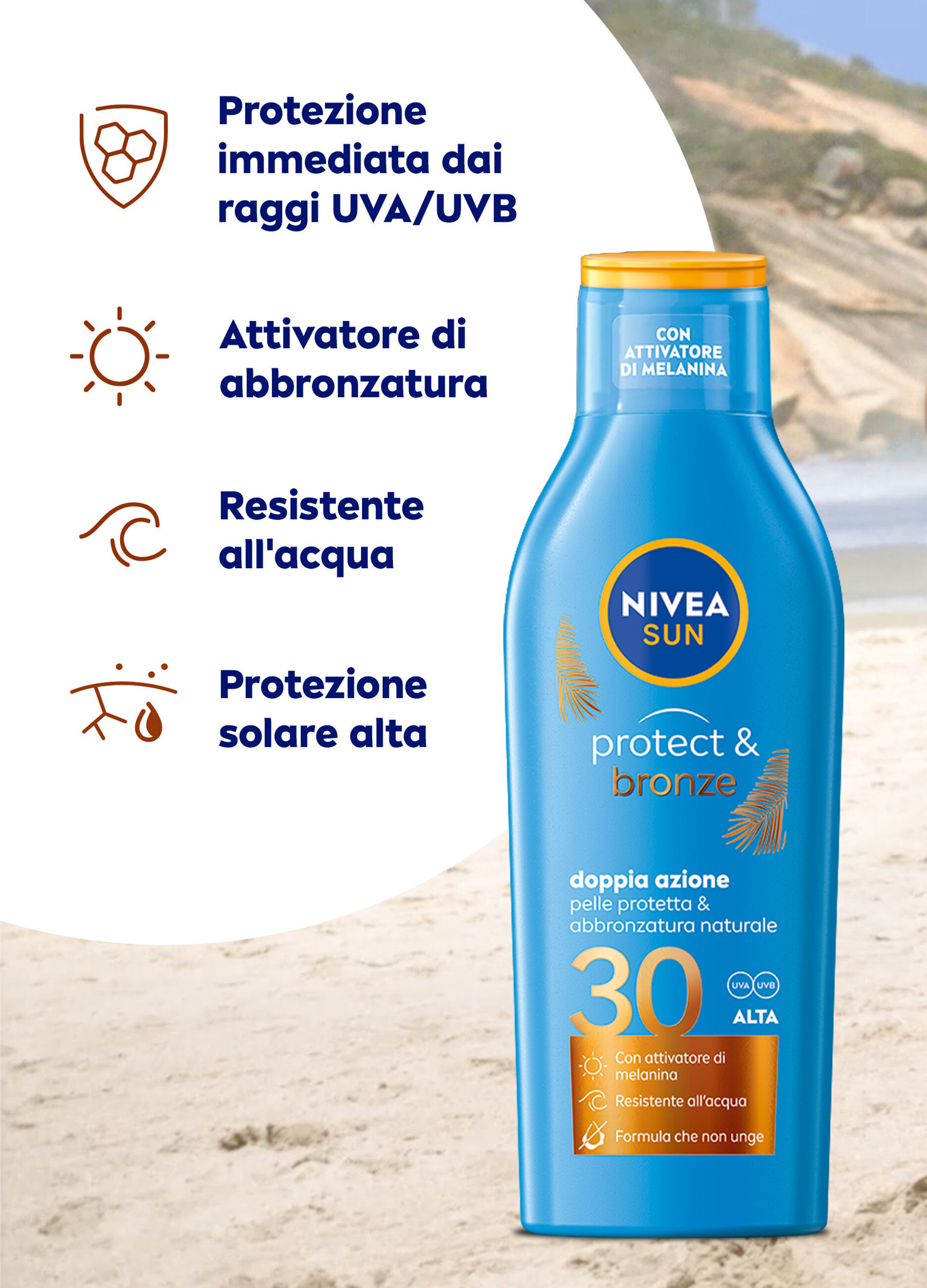 Nivea Sun Latte Solare Protect & Bronze FP30 200 ml, Crema solare 30 per un'abbronzatura dorata