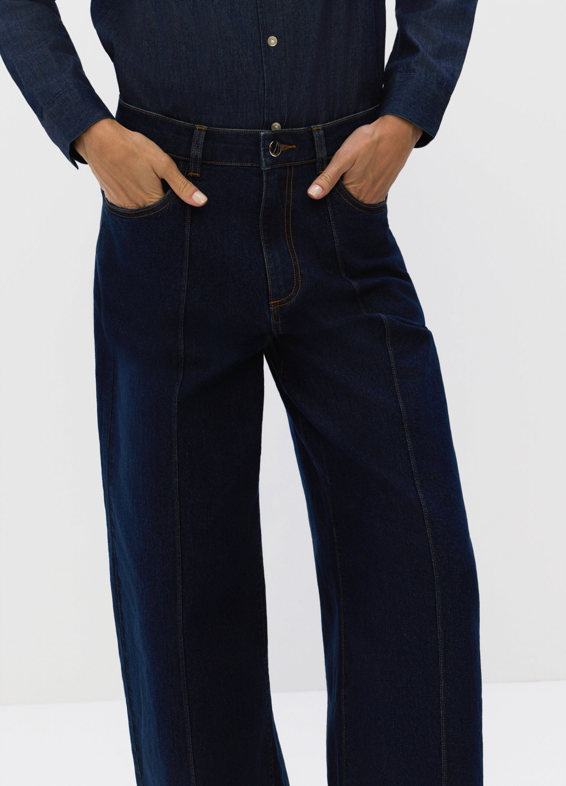 Pantaloni Wide Leg in denim di misto cotone stretch donna_3