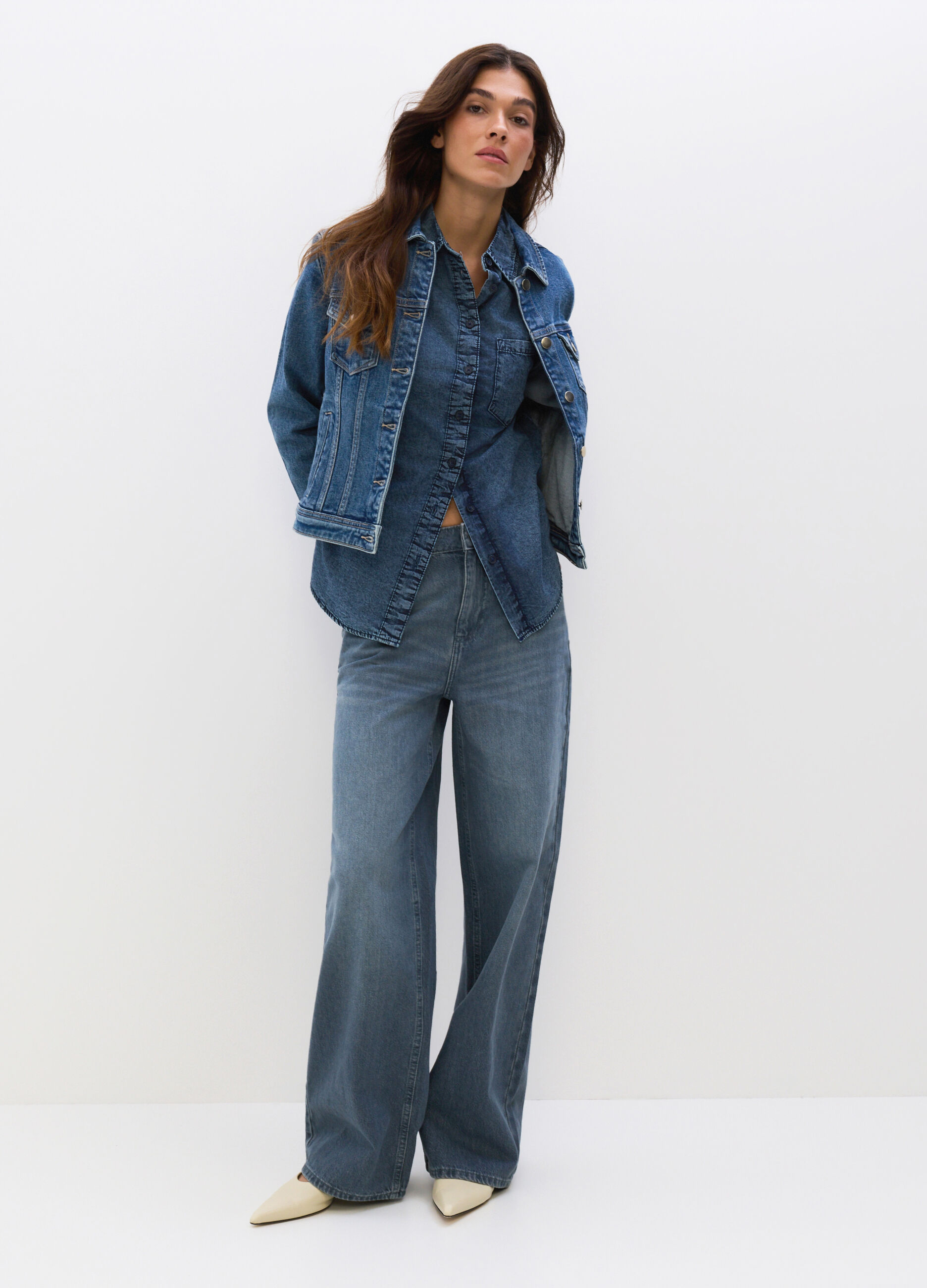 Pantaloni Wide Leg in denim di puro cotone donna_0