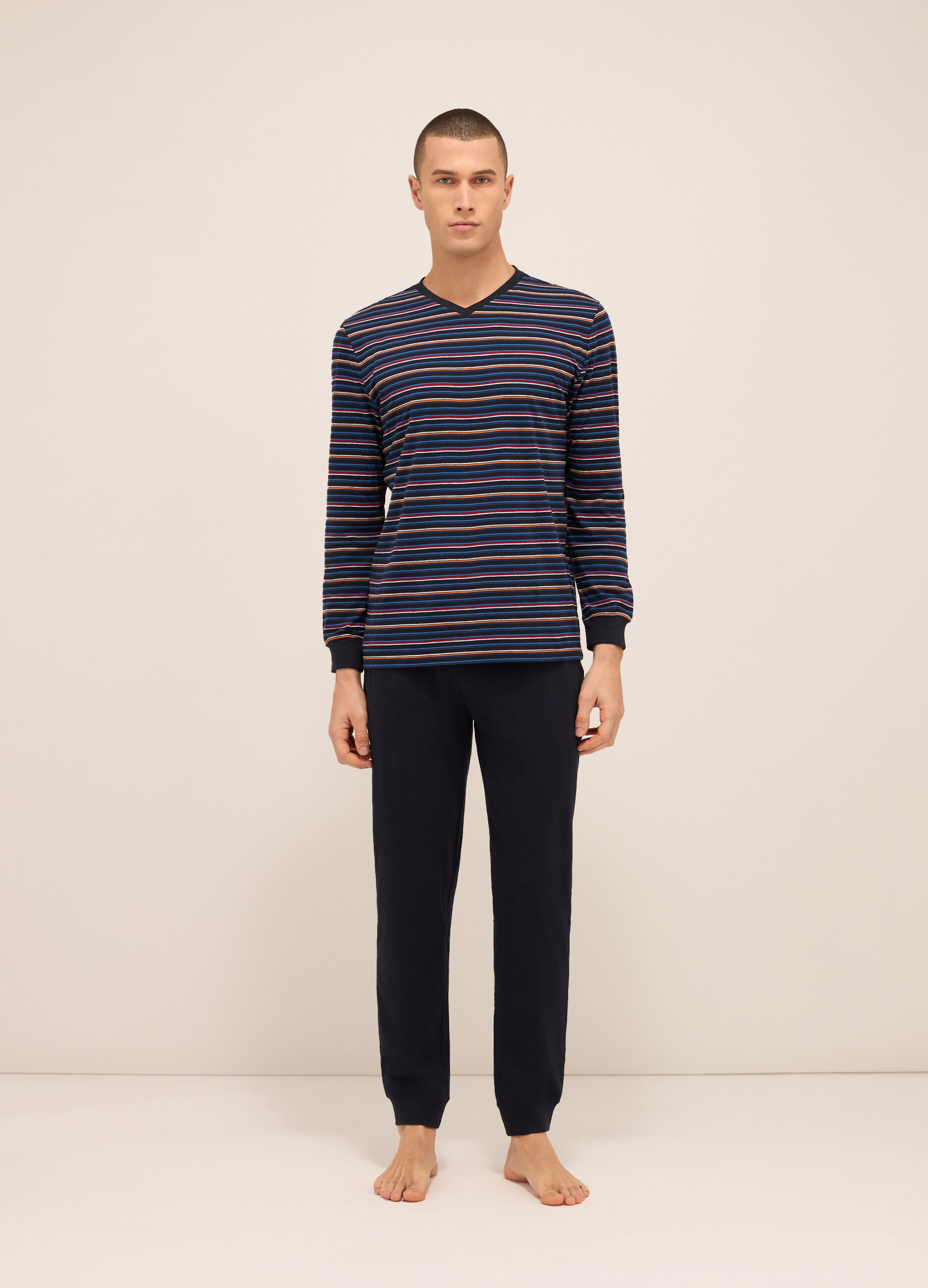 Maglia del pigiama a righe multicolor misto cotone uomo_0