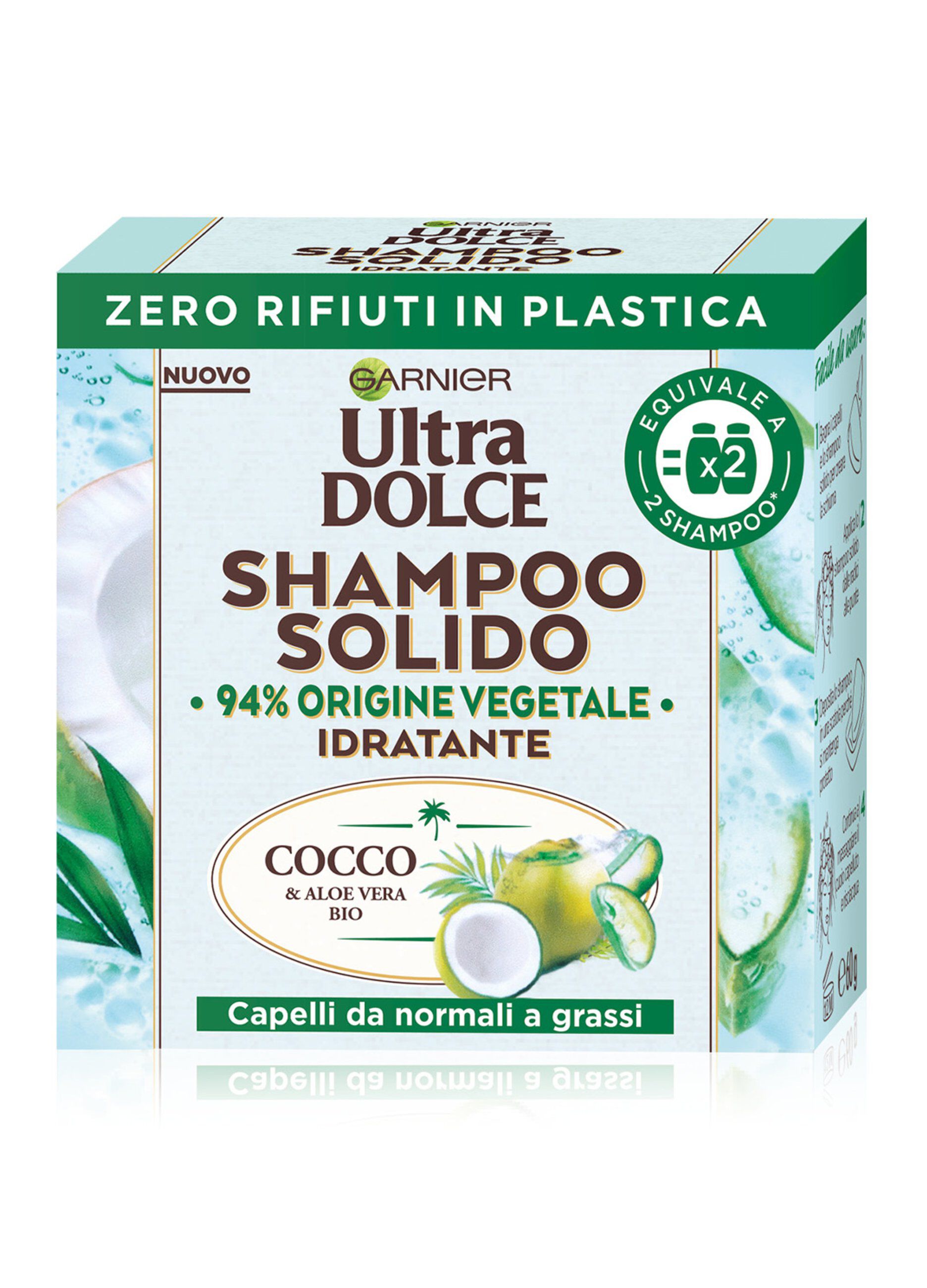 Garnier Ultra Dolce Shampoo Solido Cocco e Aloe vera, Per capelli da normali a grassi, Con packaging 100% ecologico plastic-free, 60 gr._0