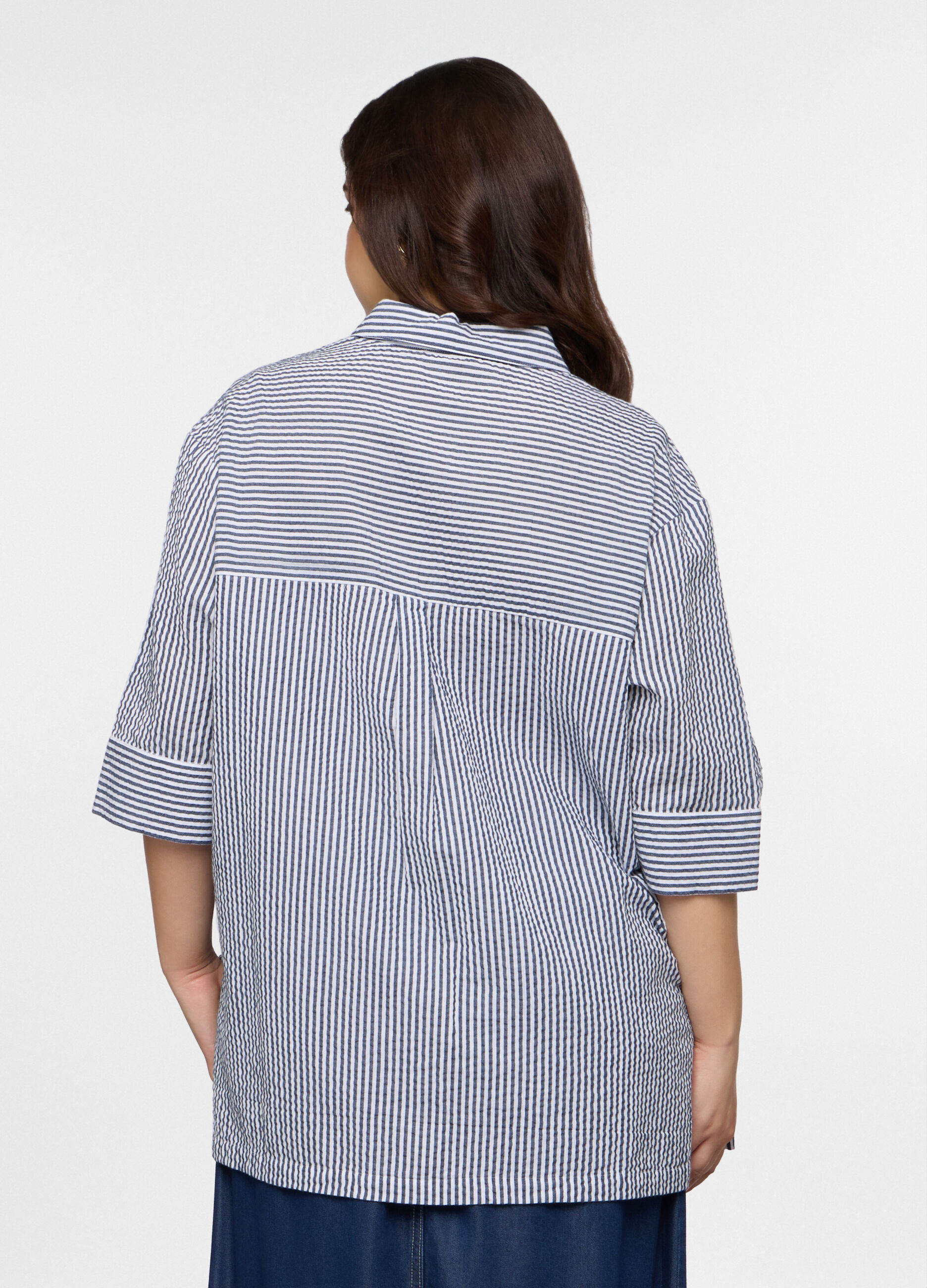 Camicia Fit Over con colletto alla francese in puro cotone seersucker donna curvy_1