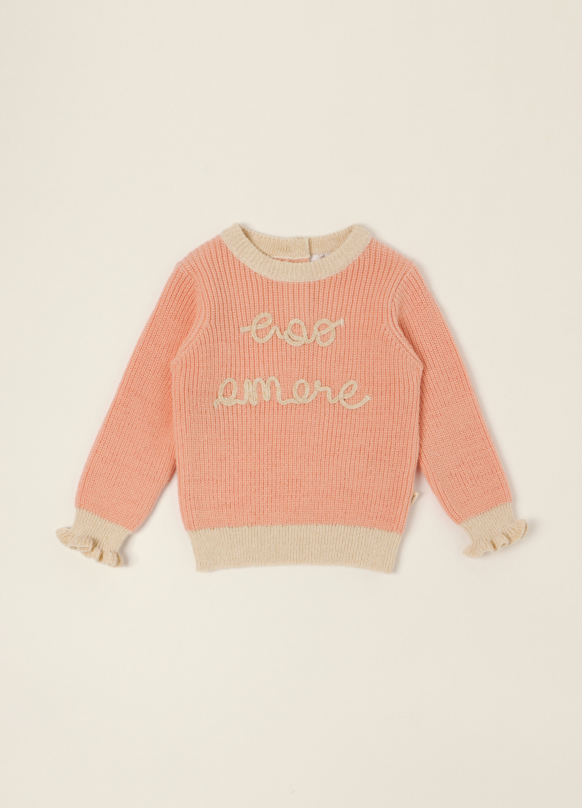 Maglione rosa in puro cotone con scritta ricamata_0