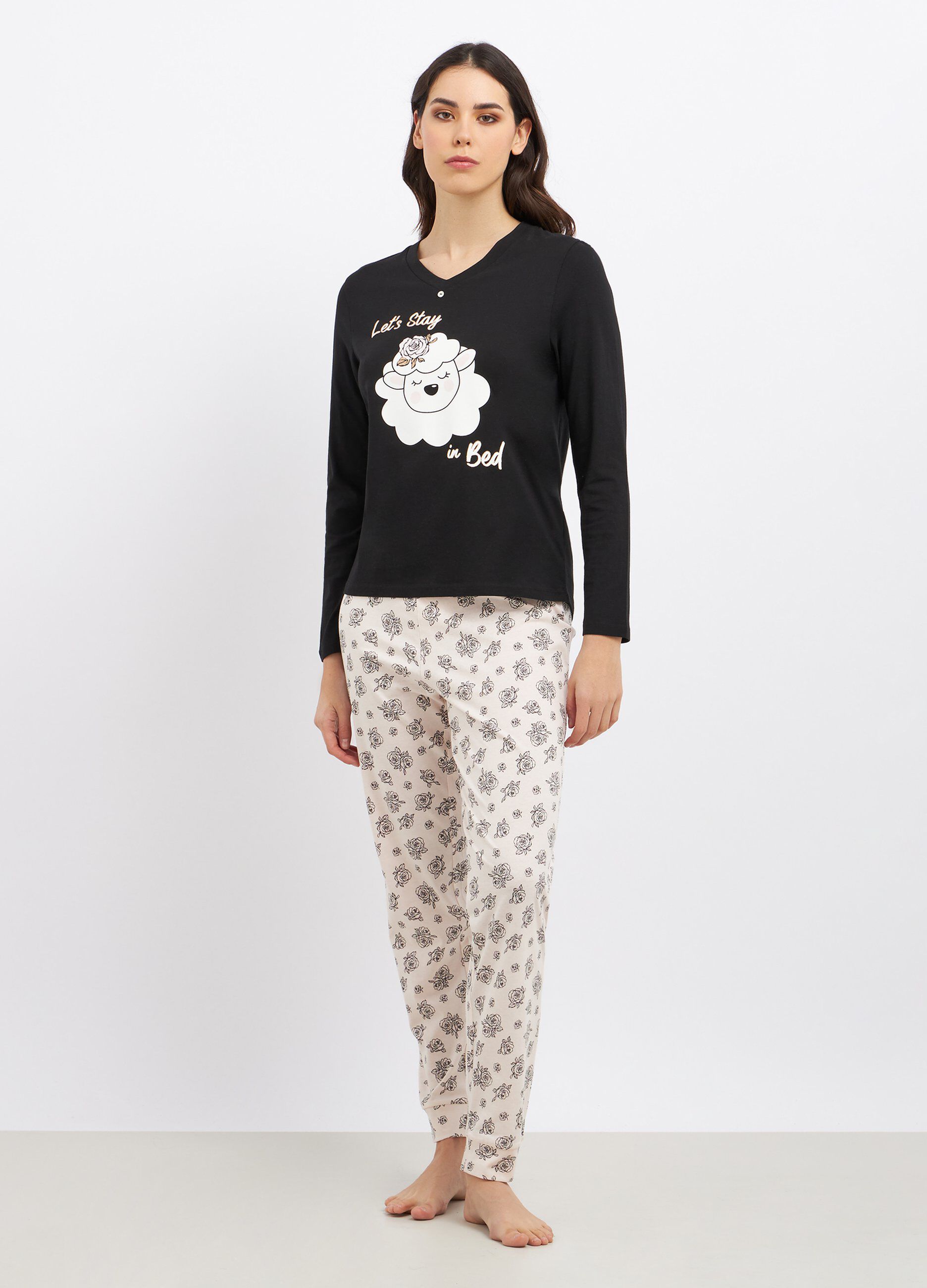 Set pigiama lungo in puro cotone con stampa glitter donna_0