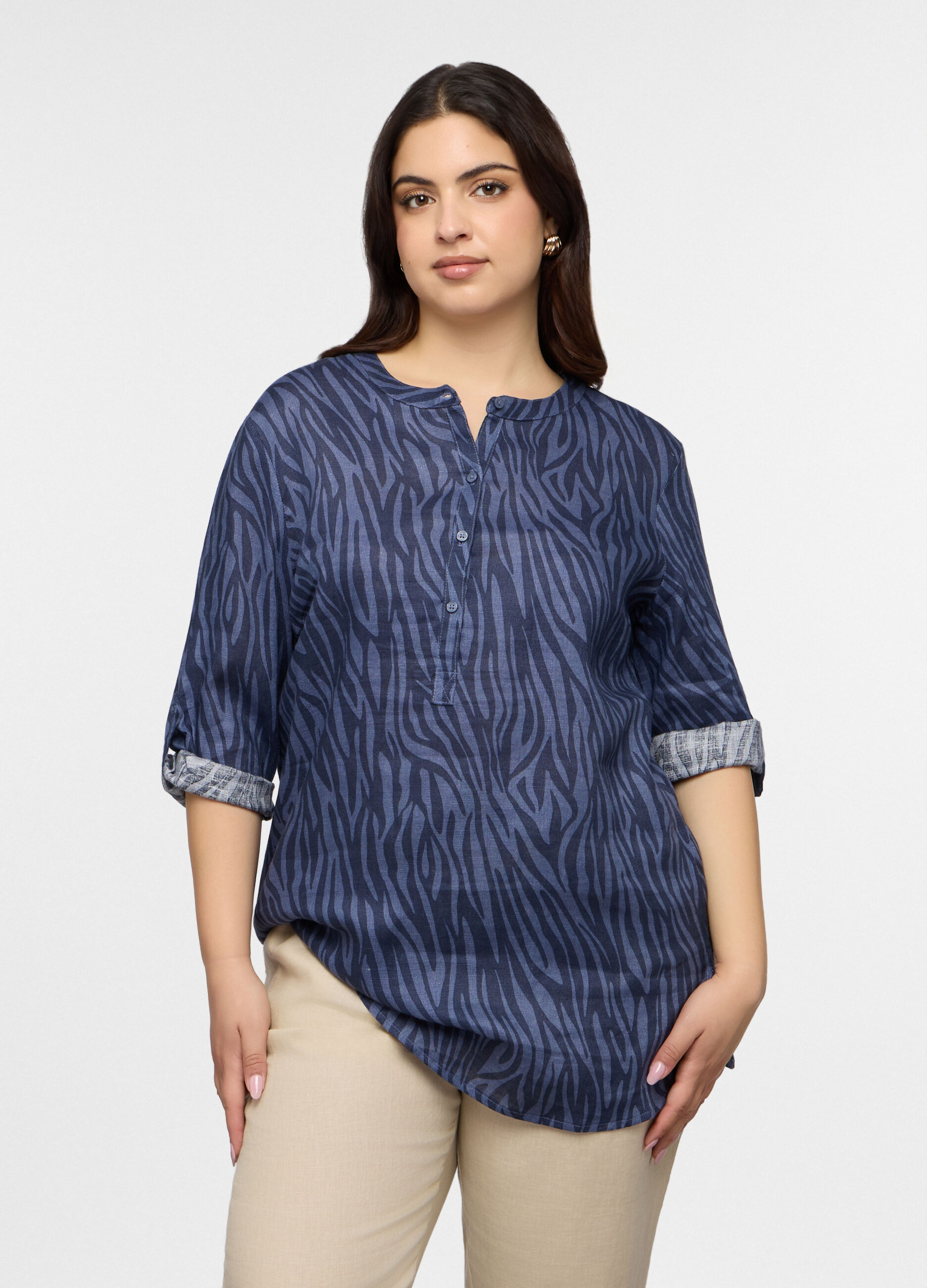 Blusa Fit Regular con scollo rotondo in puro lino donna curvy_0