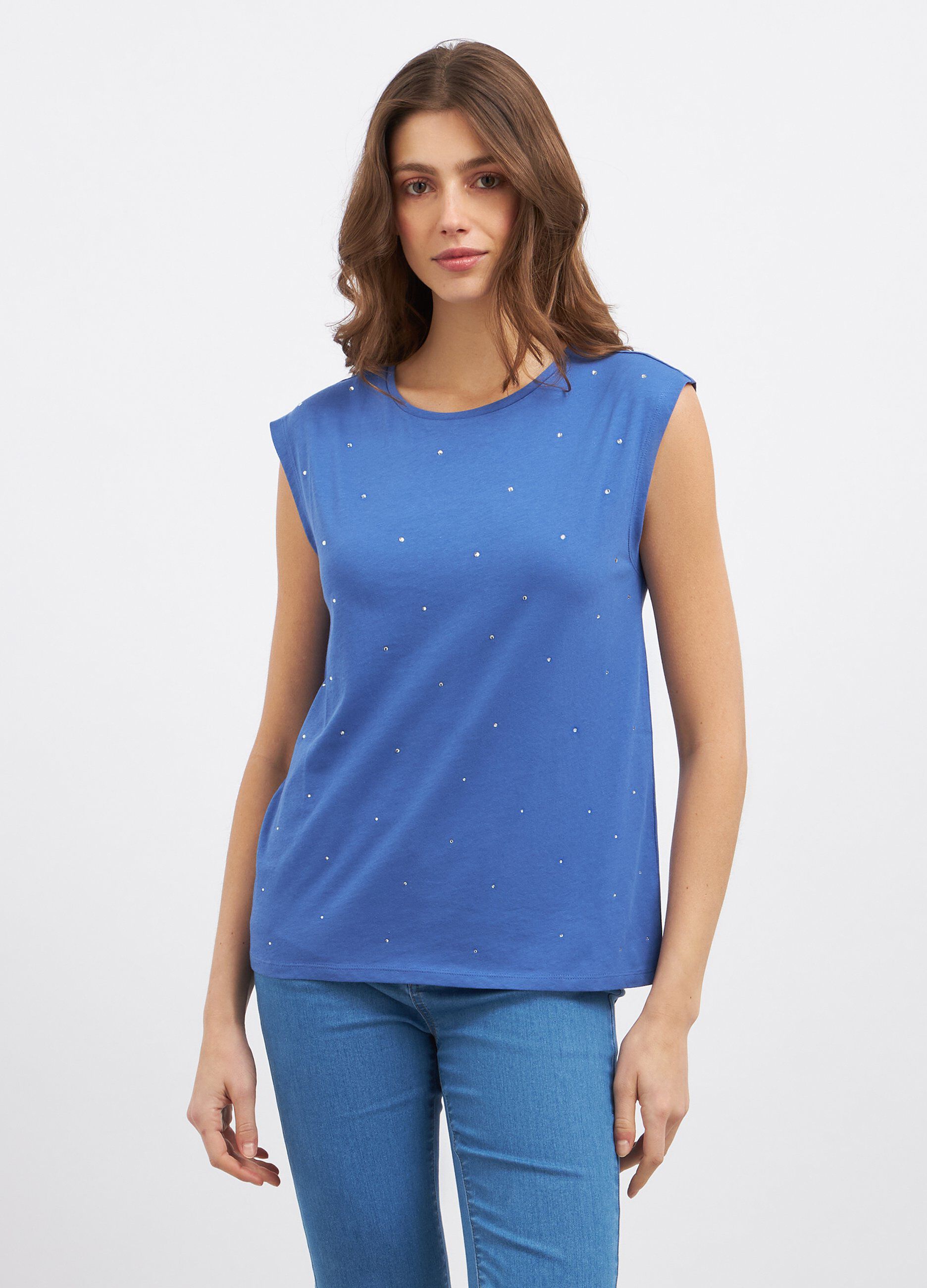 T-shirt smanicata in puro cotone con strass donna_0