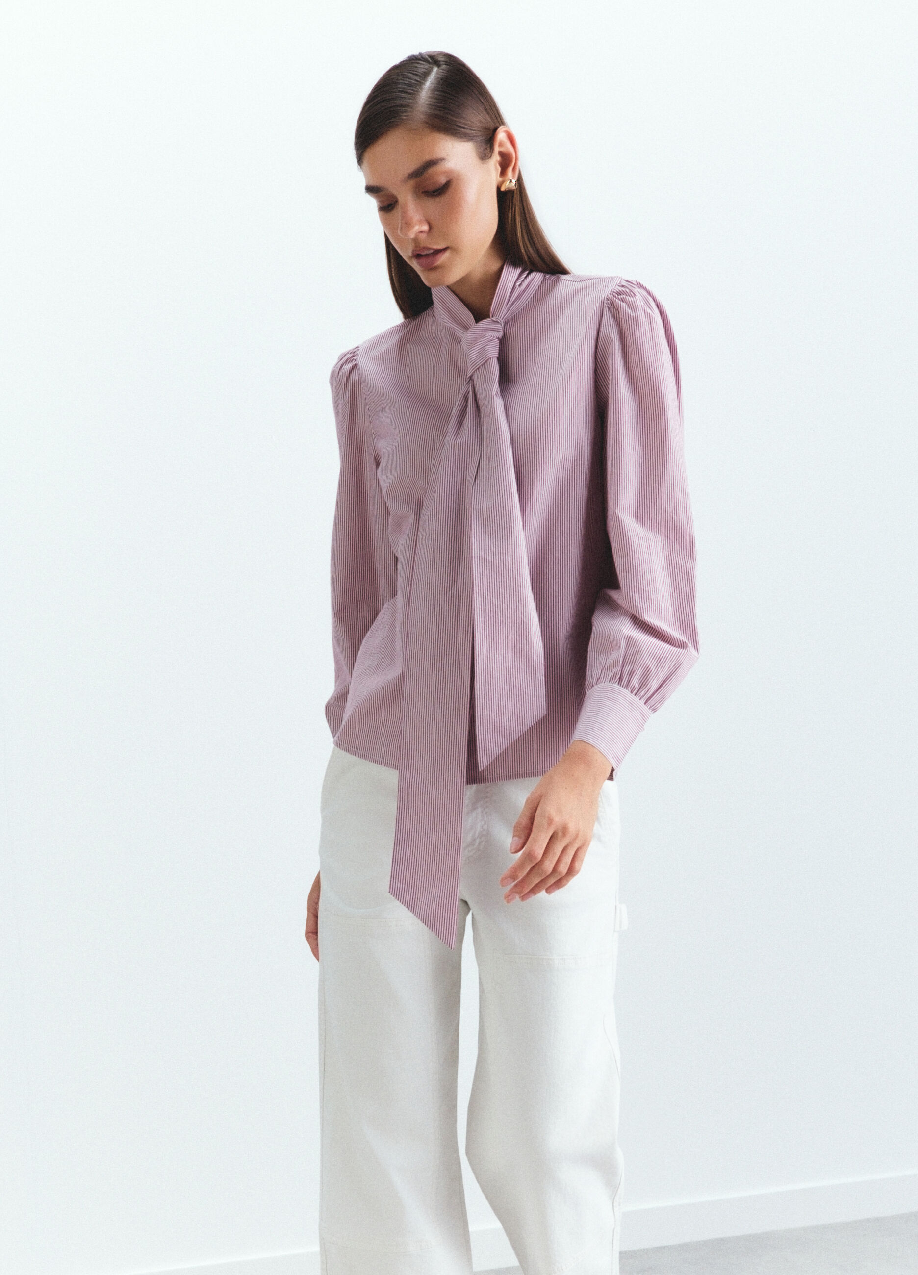 Camicia Fit Over con fiocco in puro cotone donna _1