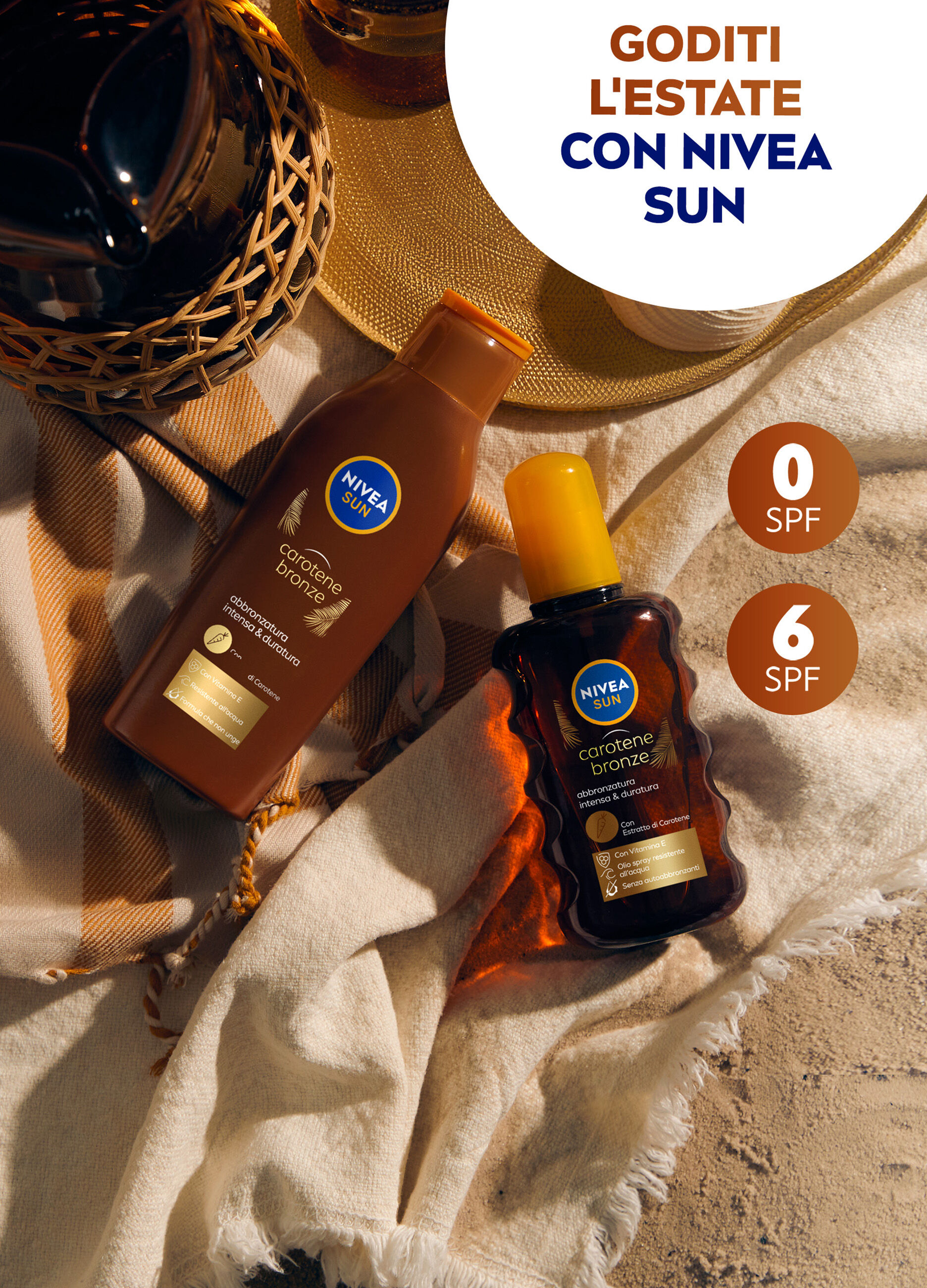Nivea Sun Latte Solare Carotene Bronze FP6 200 ml, Crema solare abbronzante FP6 per una pelle dorata