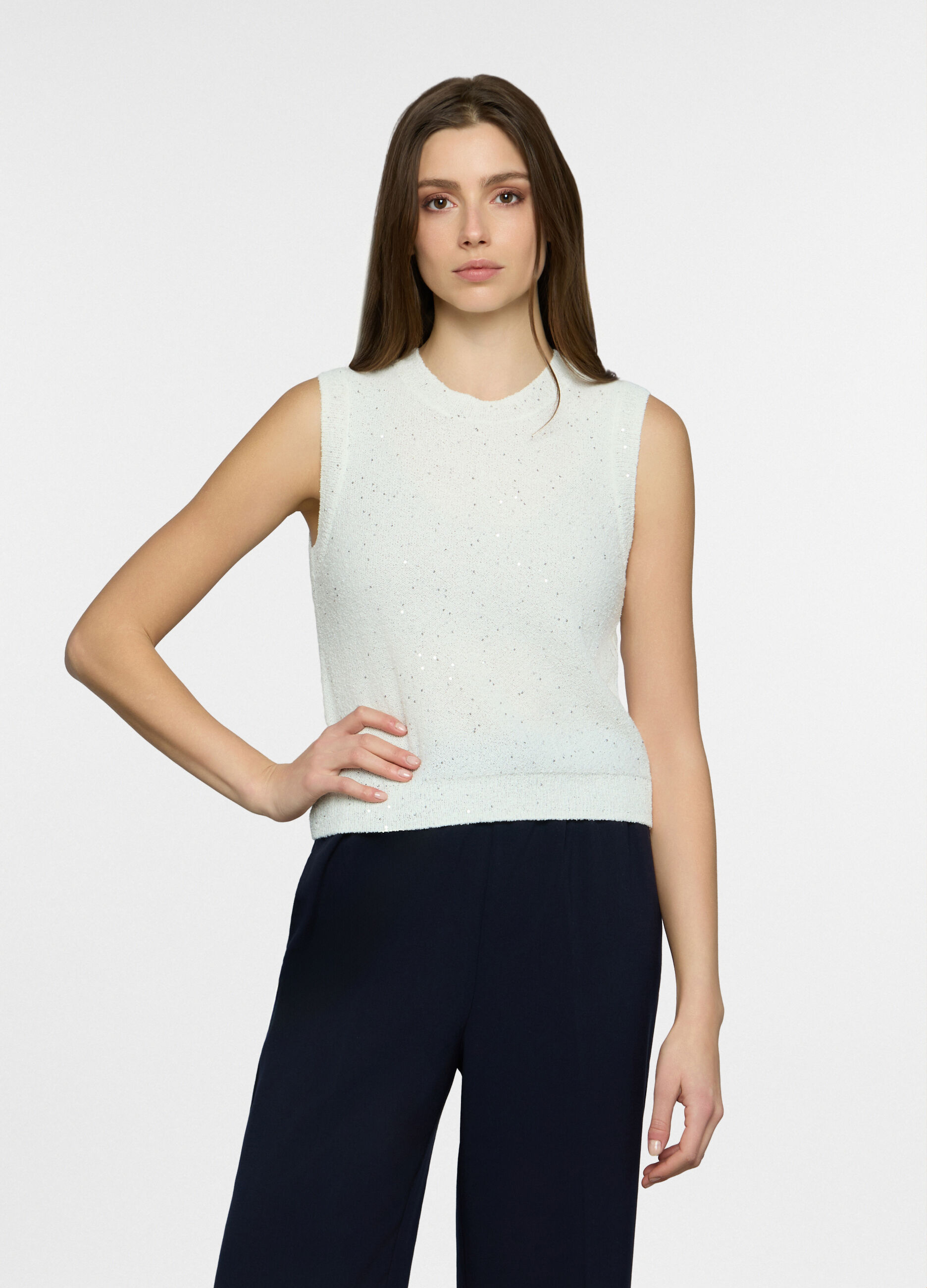 Top girocollo in maglia rasata donna_0