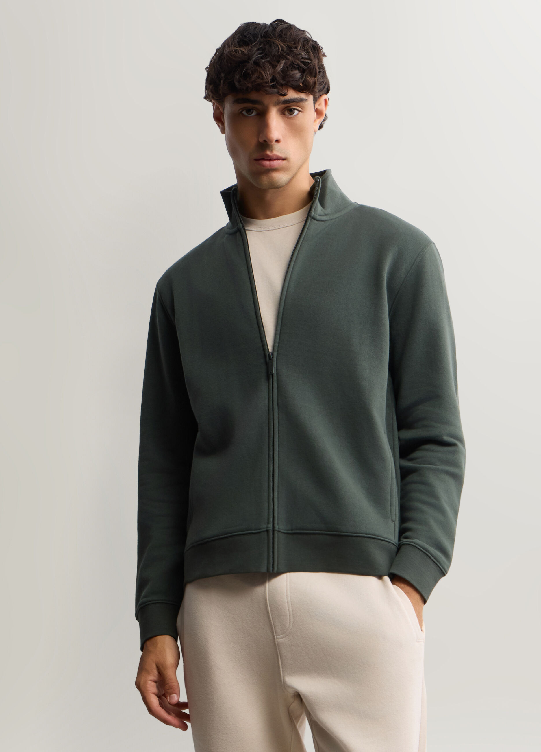 Felpa lupetto con zip in misto cotone uomo_0