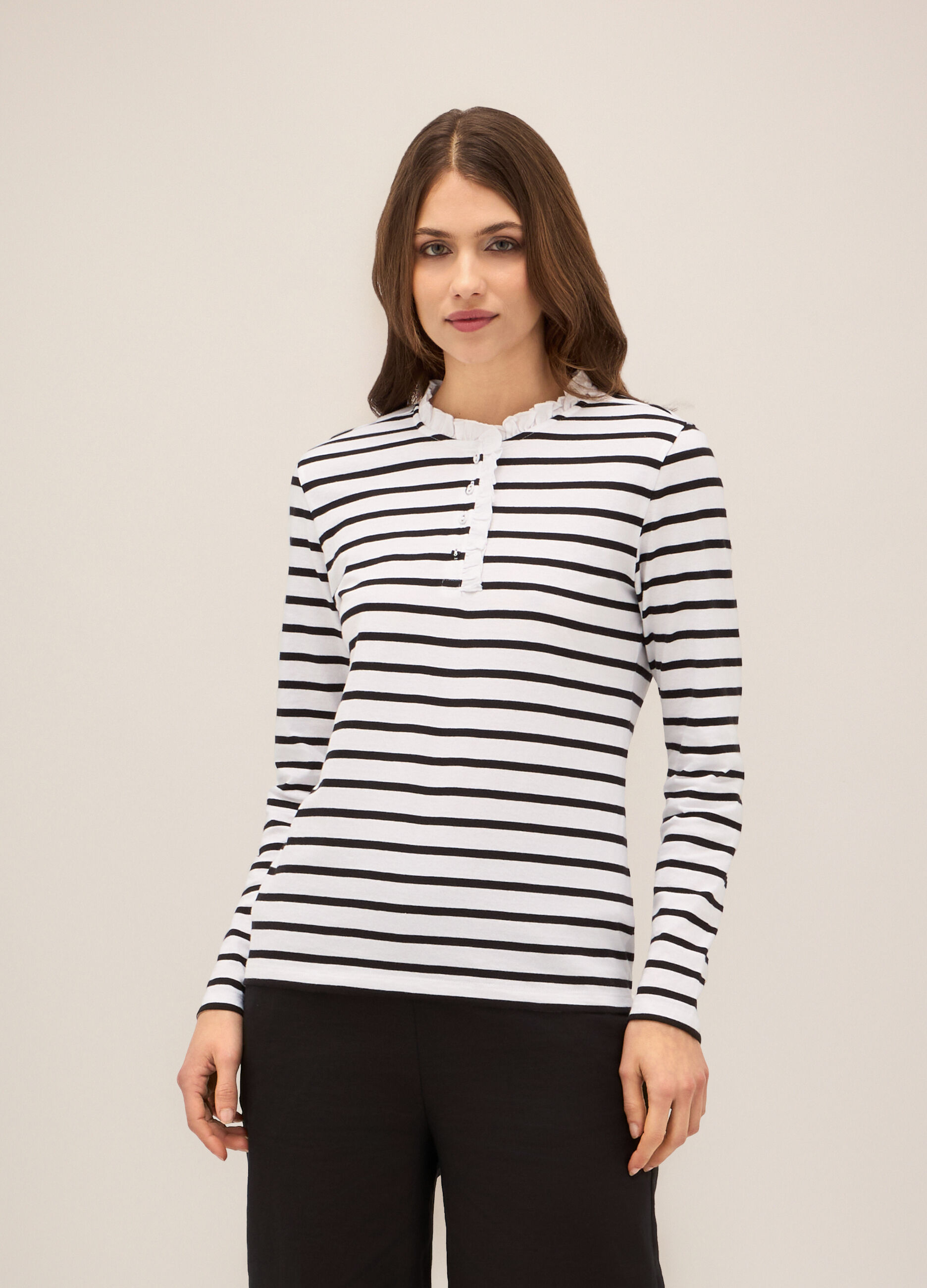 T-shirt a righe in puro cotone donna_0