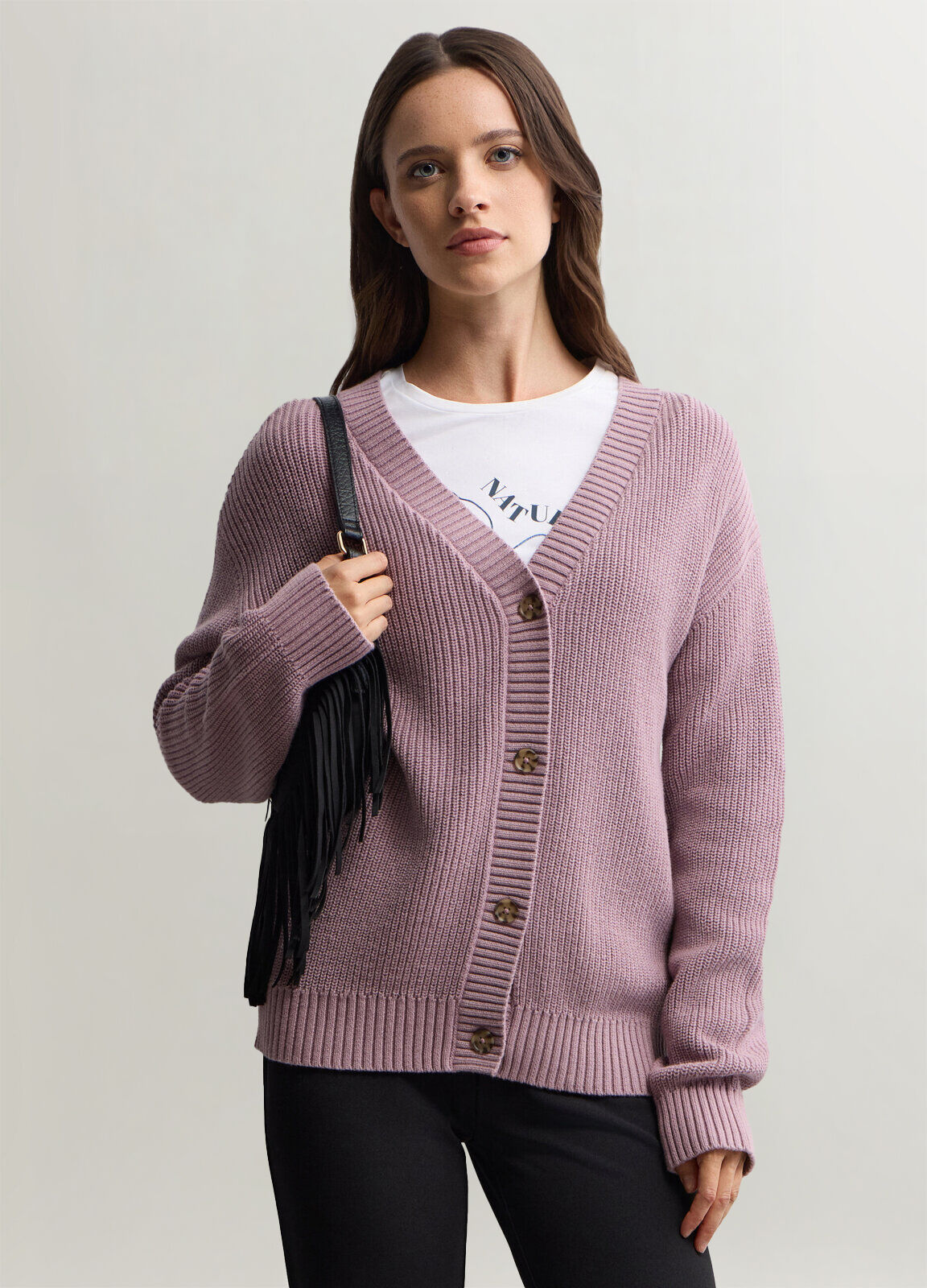 Cardigan con scollo a V in costina donna_0