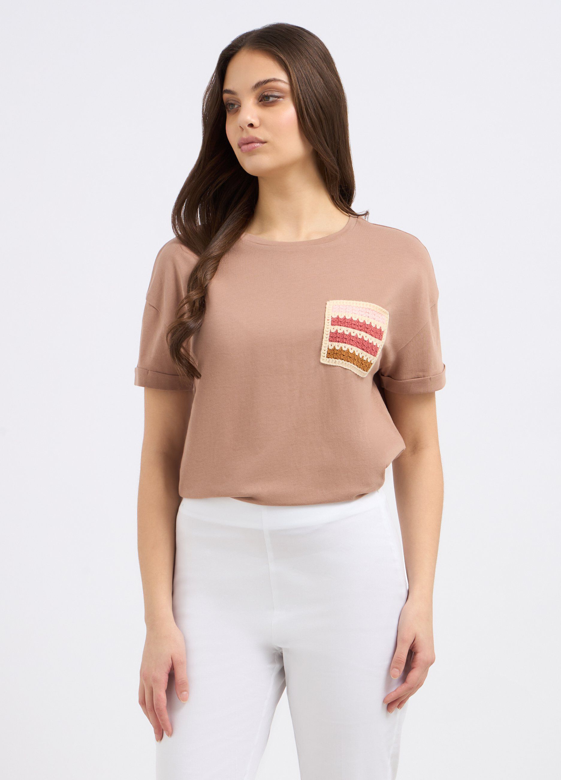 T-shirt in puro cotone con taschino donna_0