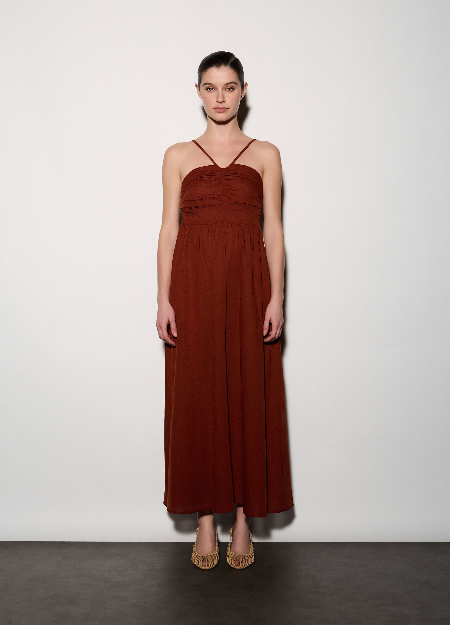Abito lungo misto lino con scollo dritto donna_1