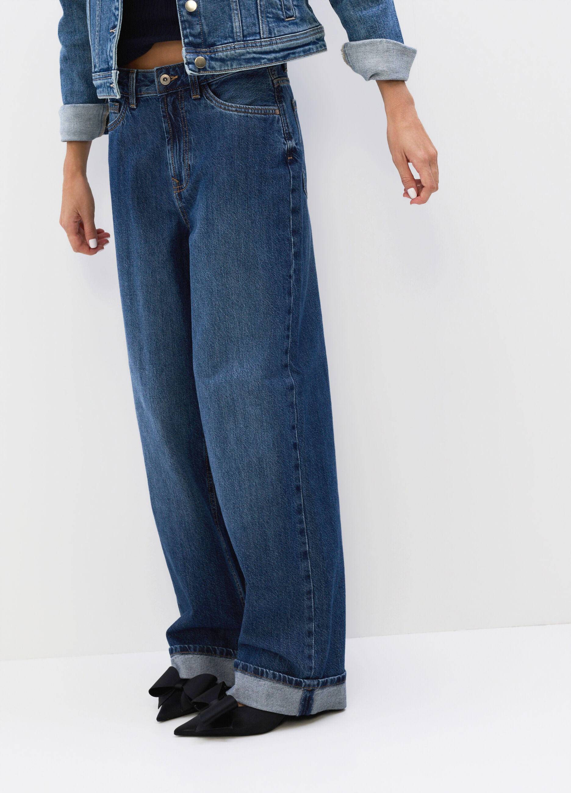 Pantaloni Wide Leg in denim di puro cotone donna_2