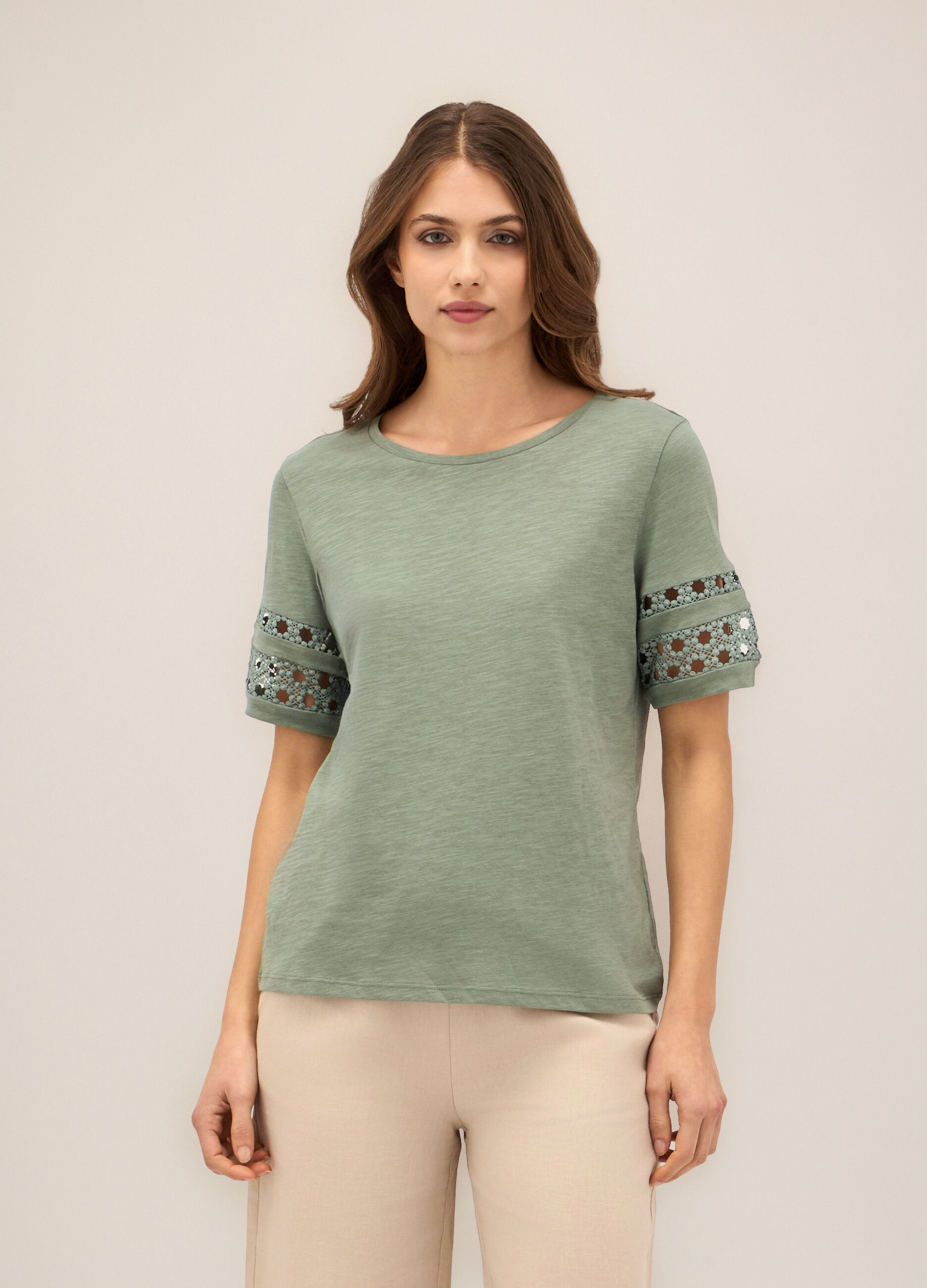 T-shirt in cotone slub con inserto donna_0