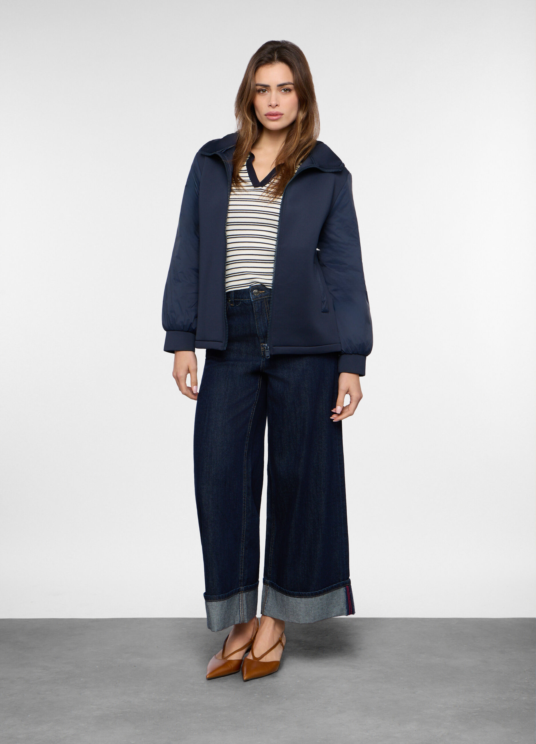 Pantaloni wide leg in denim di puro cotone donna_0