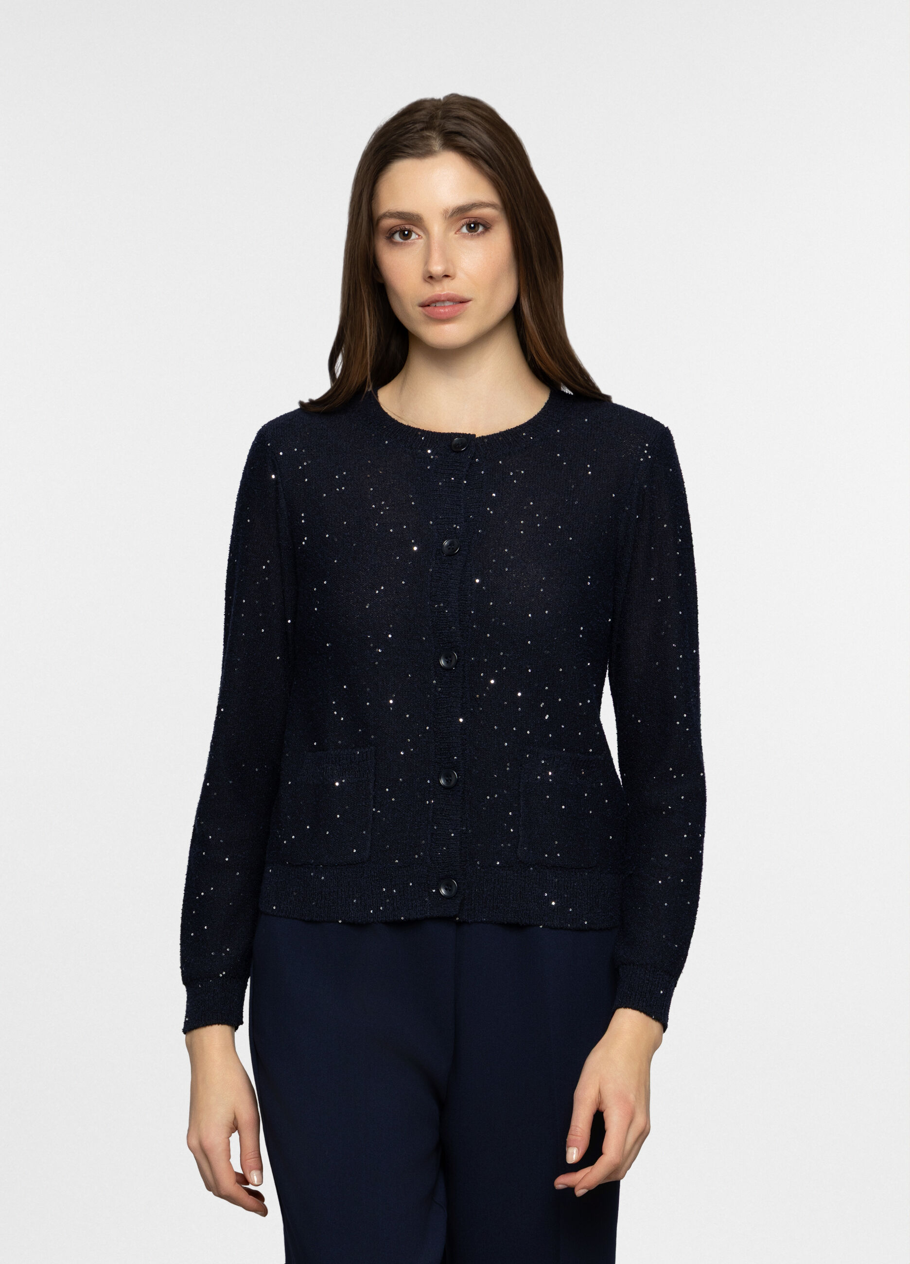 Cardigan girocollo in maglia rasata donna_0