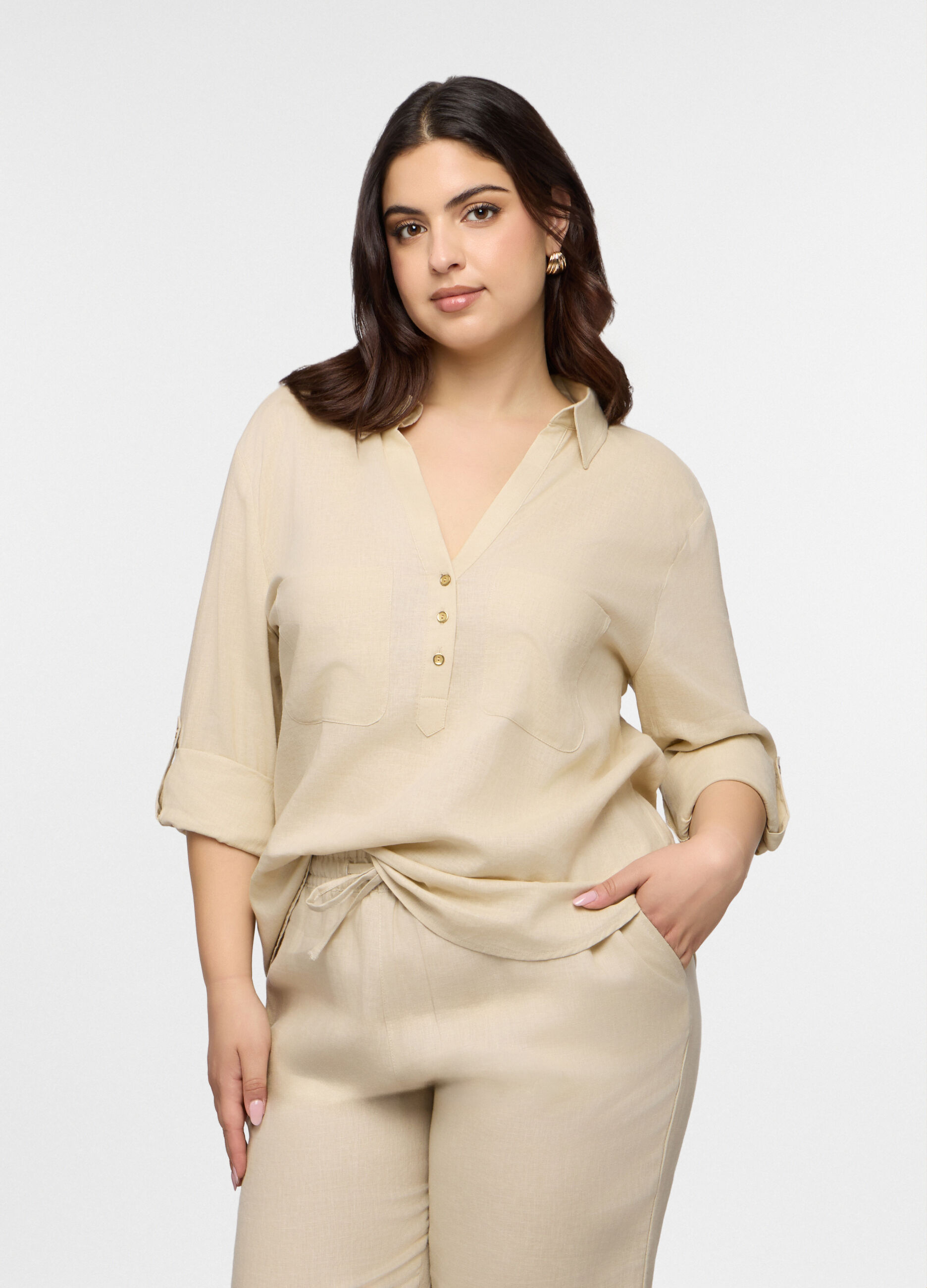 Blusa Fit Regular con scollo a V misto lino donna curvy_0