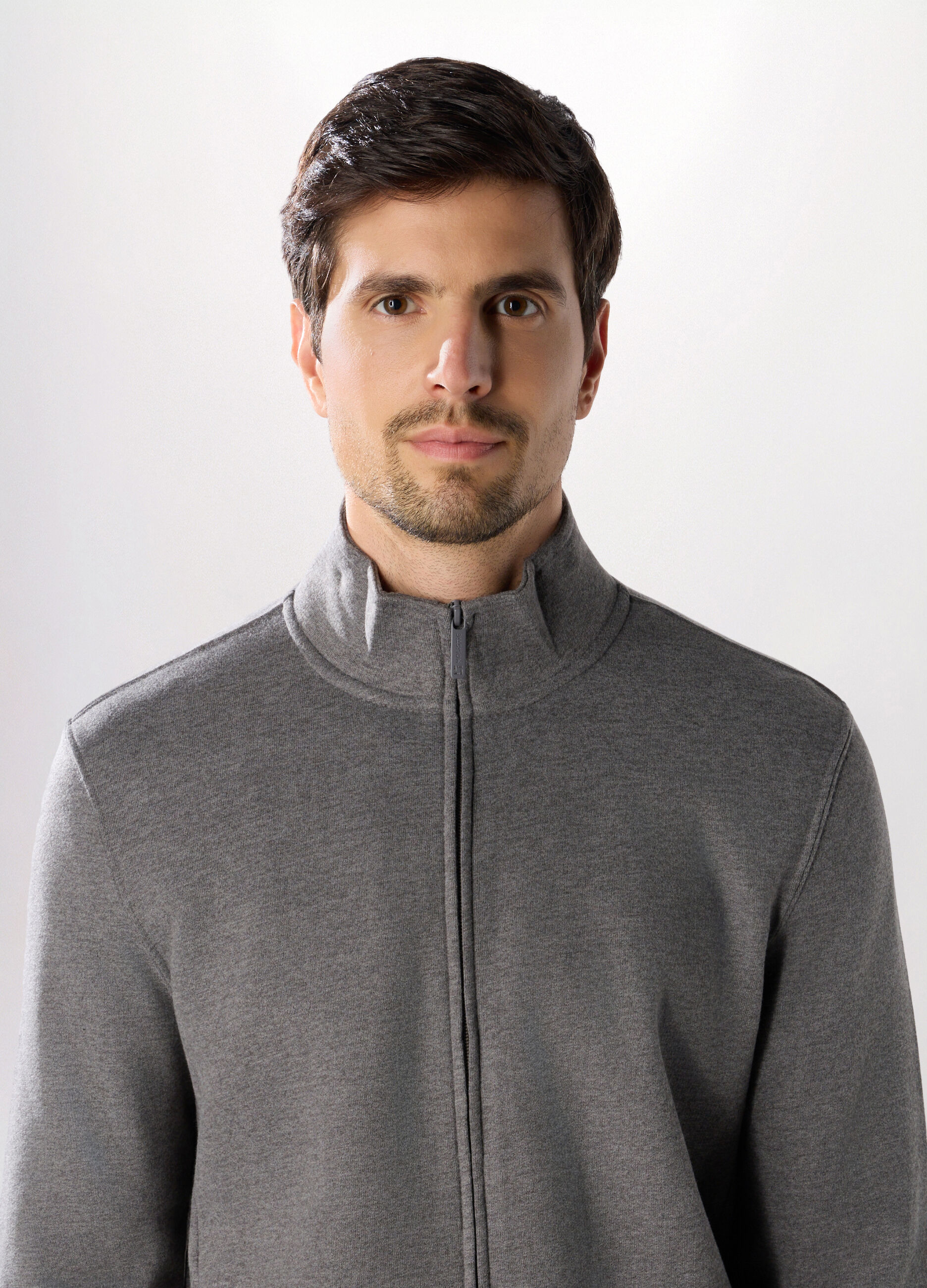 Felpa lupetto con zip in misto cotone uomo_2