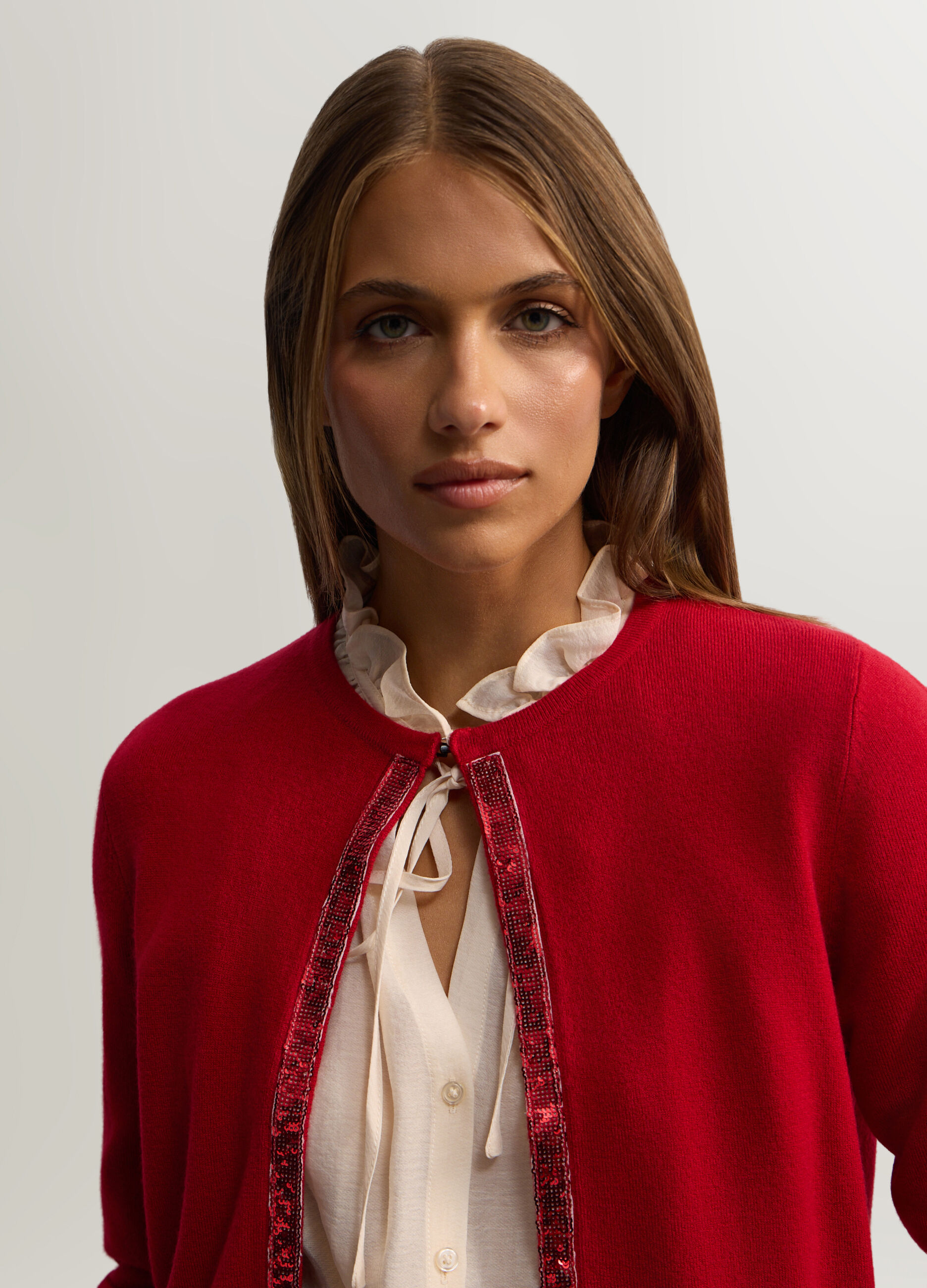 Cardigan girocollo in maglia rasata donna_2