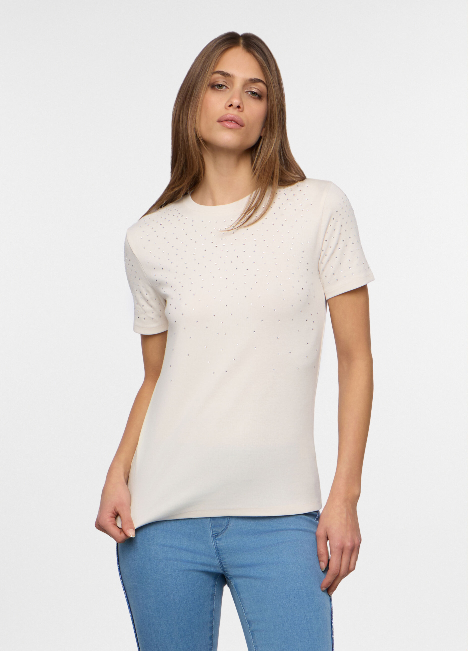 T-shirt in costina di cotone stretch donna_0