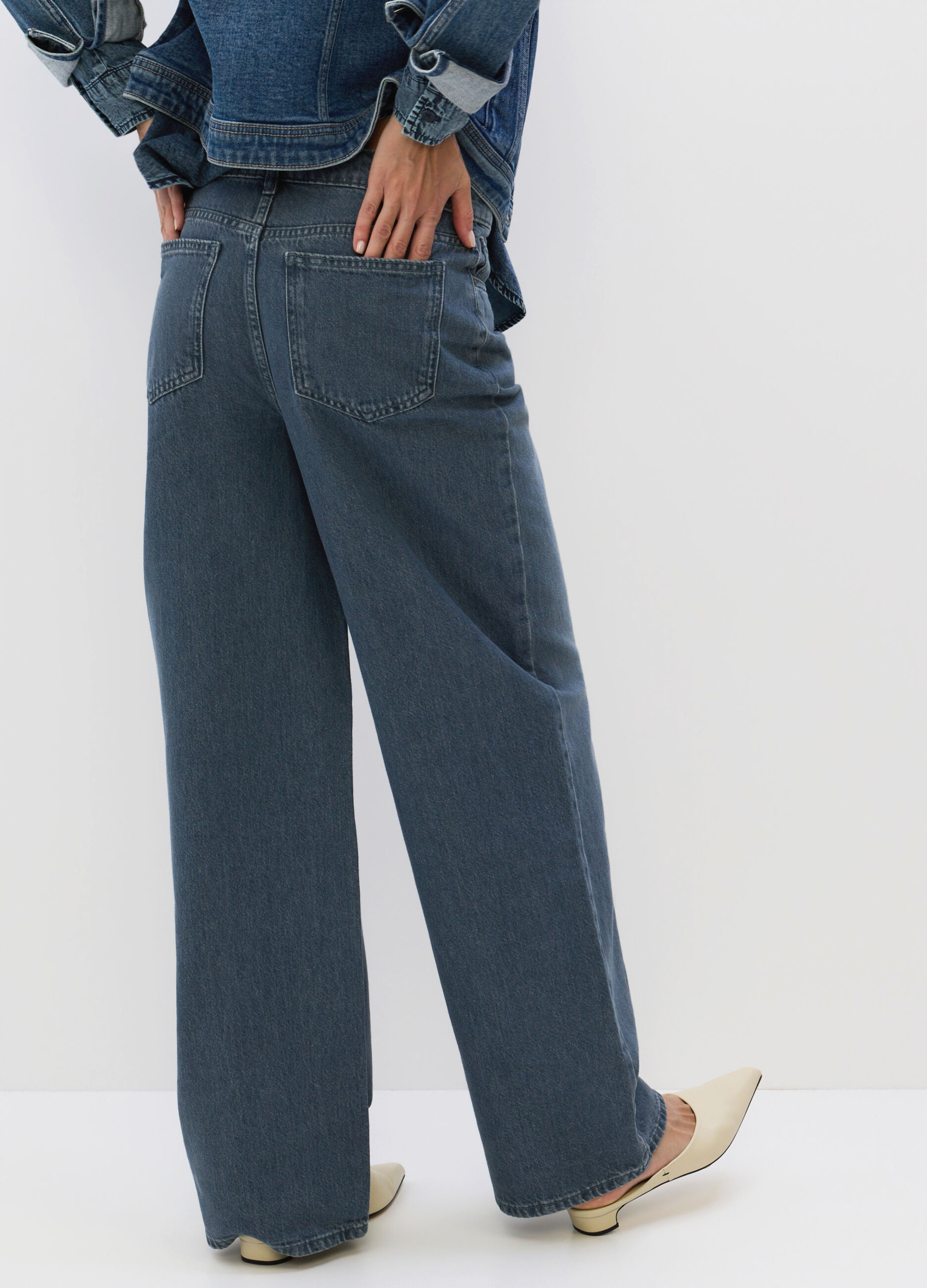 Pantaloni Wide Leg in denim di puro cotone donna_2