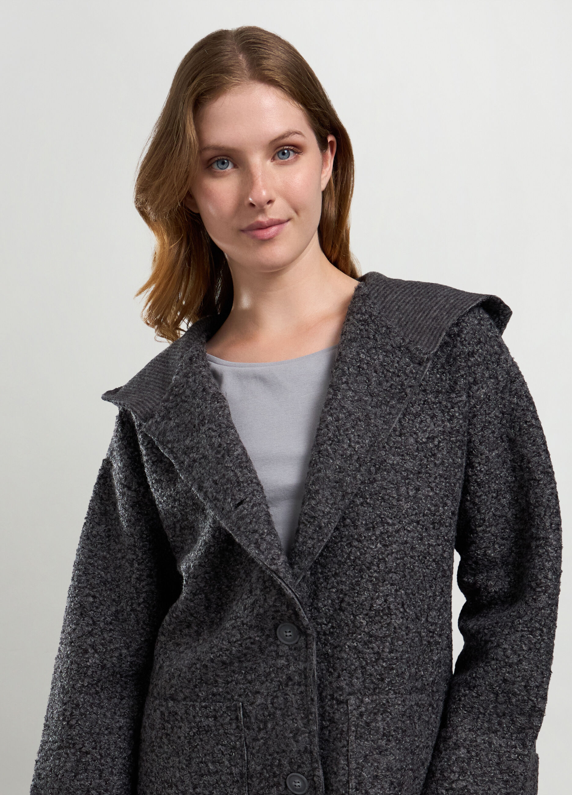 Cappotto boucle con cappuccio donna