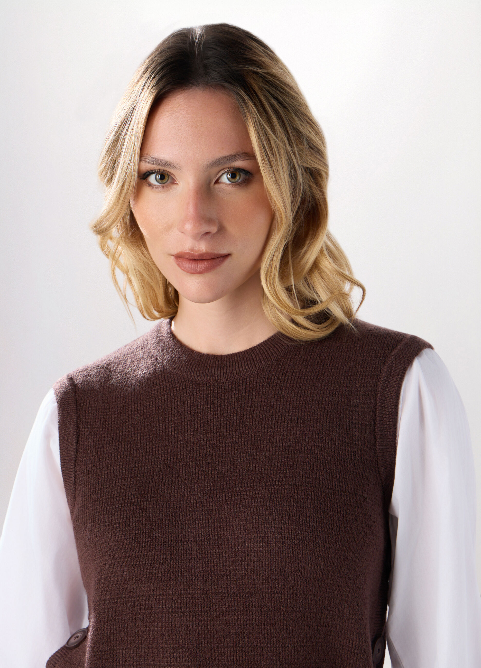 Gilet misto lana con inserto camicia donna_2